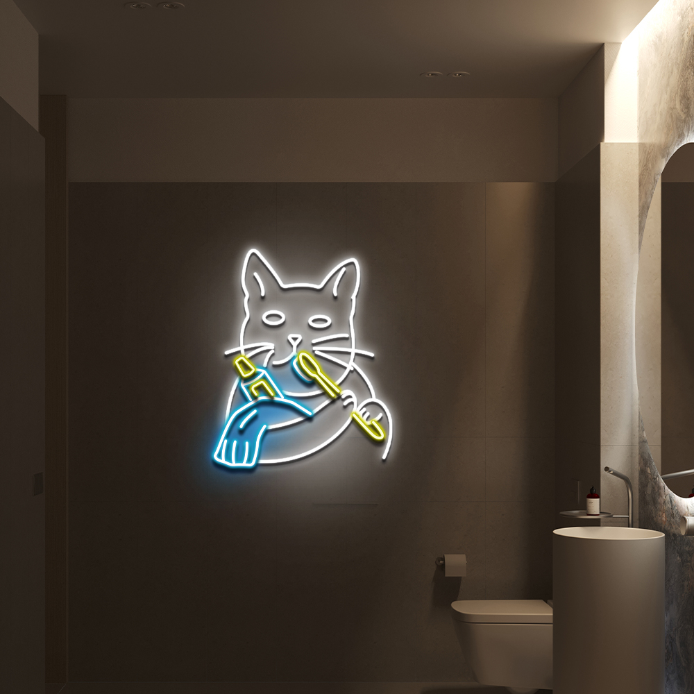 Cat Brushing Teeth Neon Sign