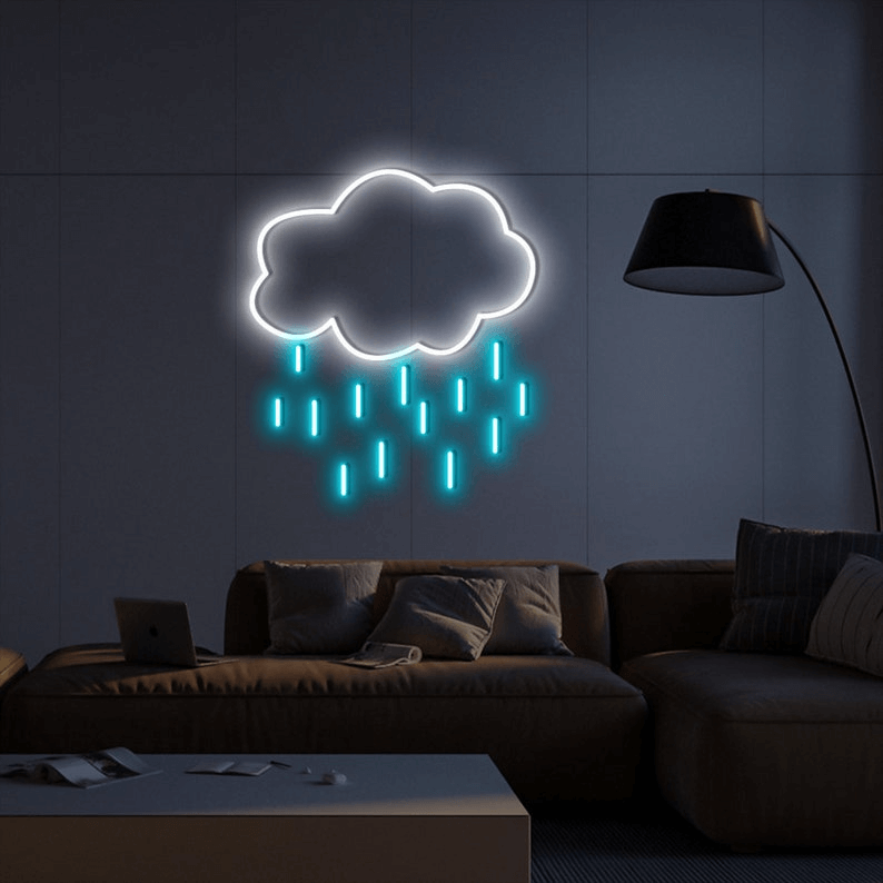 White Cloud with Blue Rain Custom Neon Sign