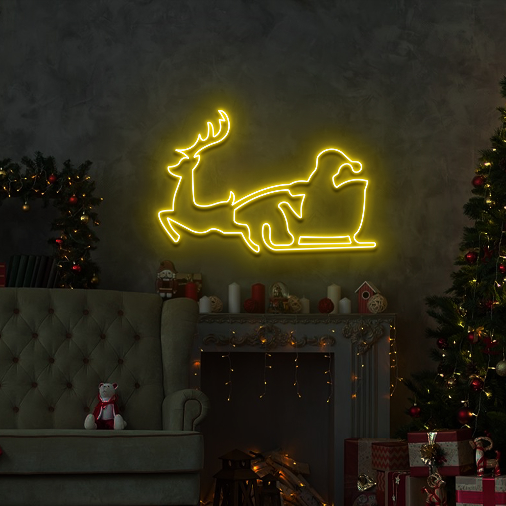 Santa Claus Riding A Sleigh With Reindeer Neon Sign