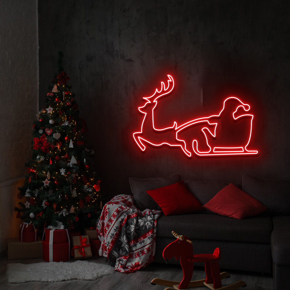 Santa Claus Riding A Sleigh With Reindeer Neon Sign