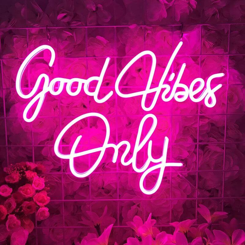 neon sign for gifts good vibes only pink