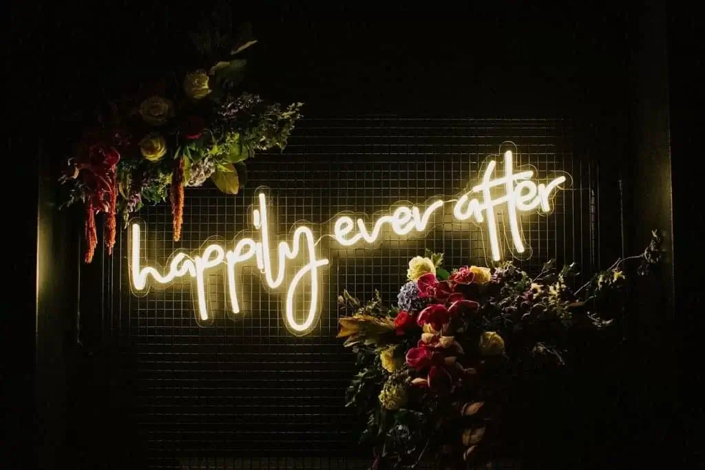 neon sign for wedding happily ever after