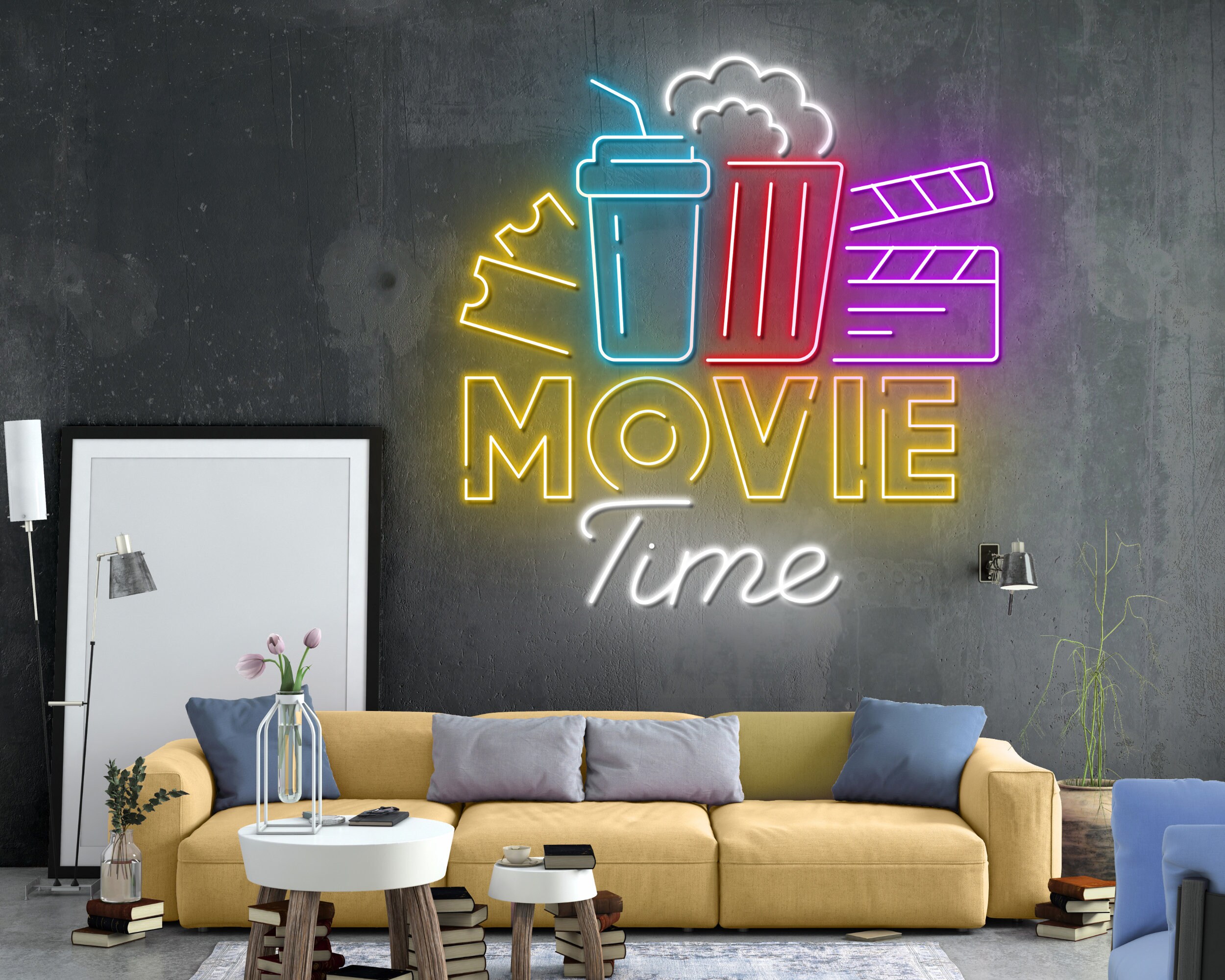 Movie Time With Popcorn Paper Box Neon Sign