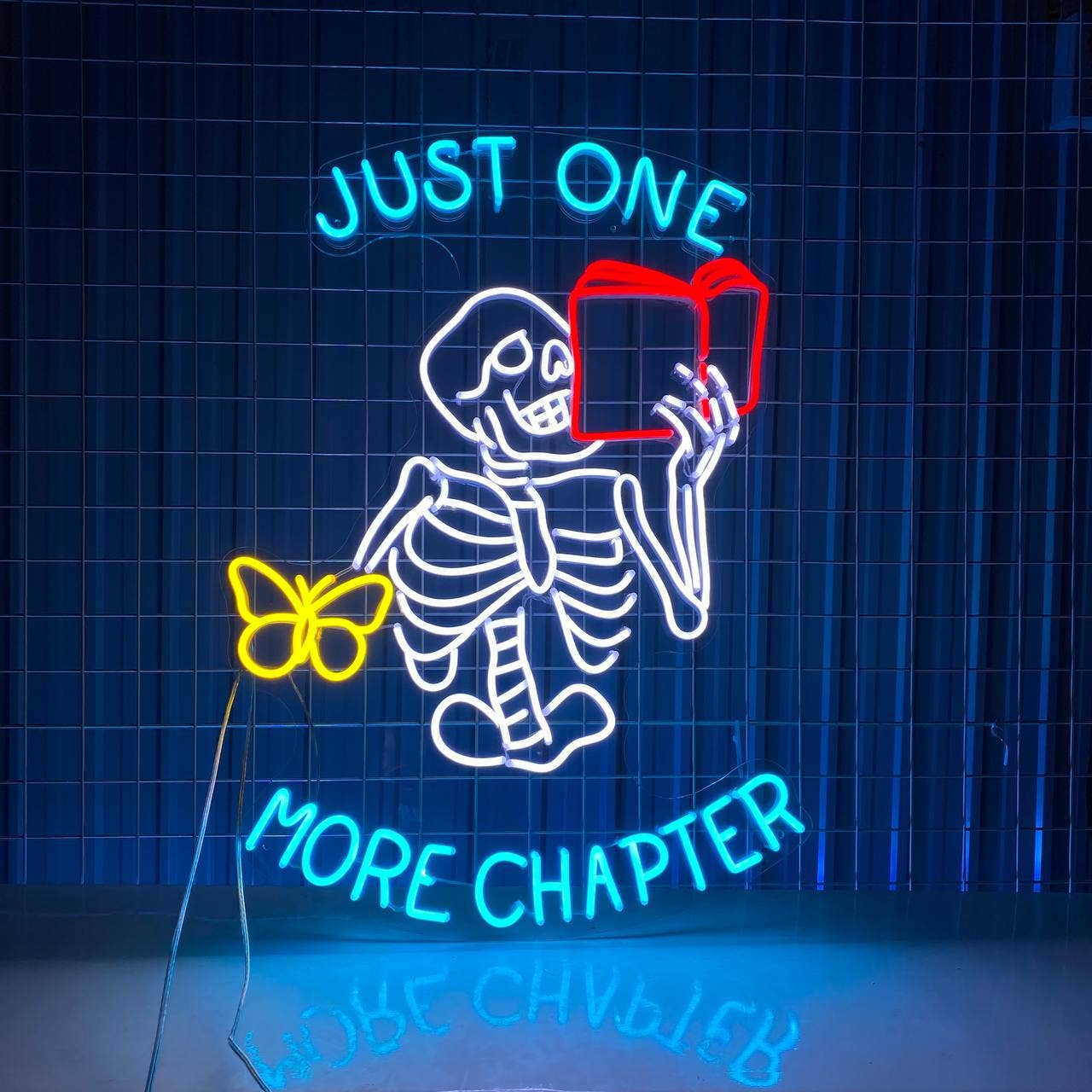 Skeleton Reading Book Led Just One More Chapter Neon Sign