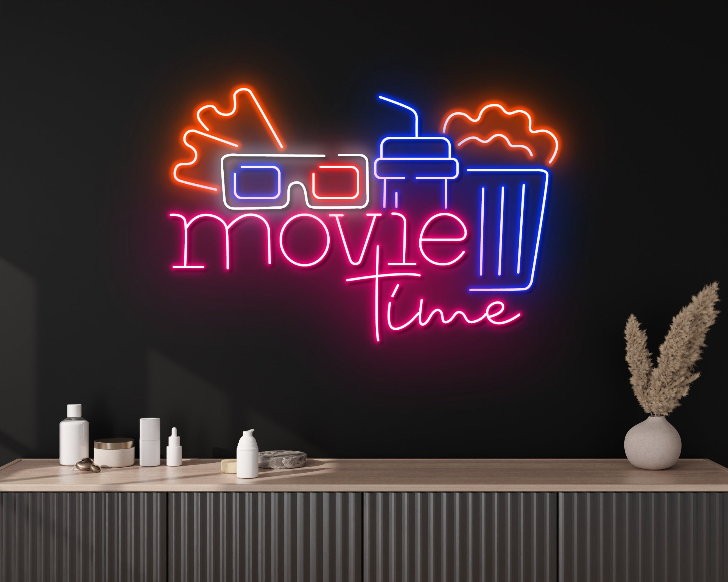 Movie Time With Popcorn Paper Box Neon Sign Hanging Sign Wall Art