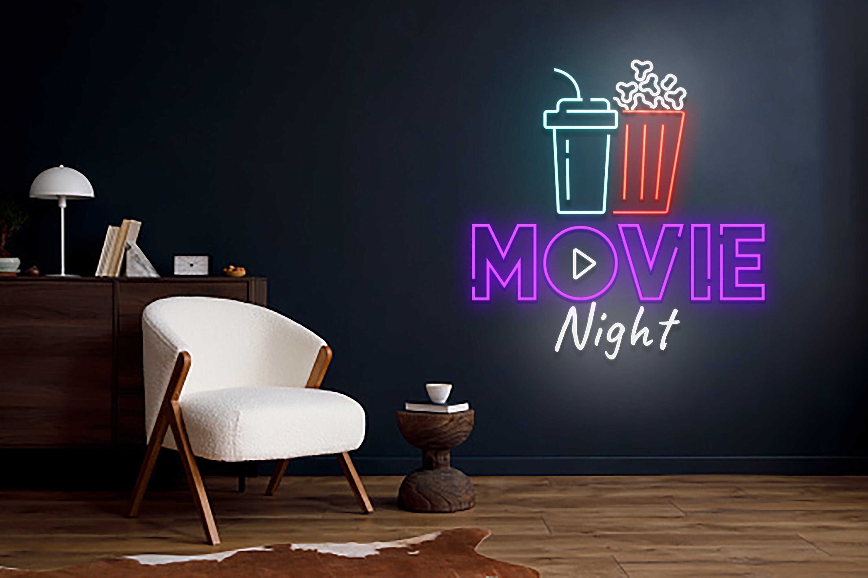 Movie With Popcorn Paper Box Neon Sign Wall Art Decoration