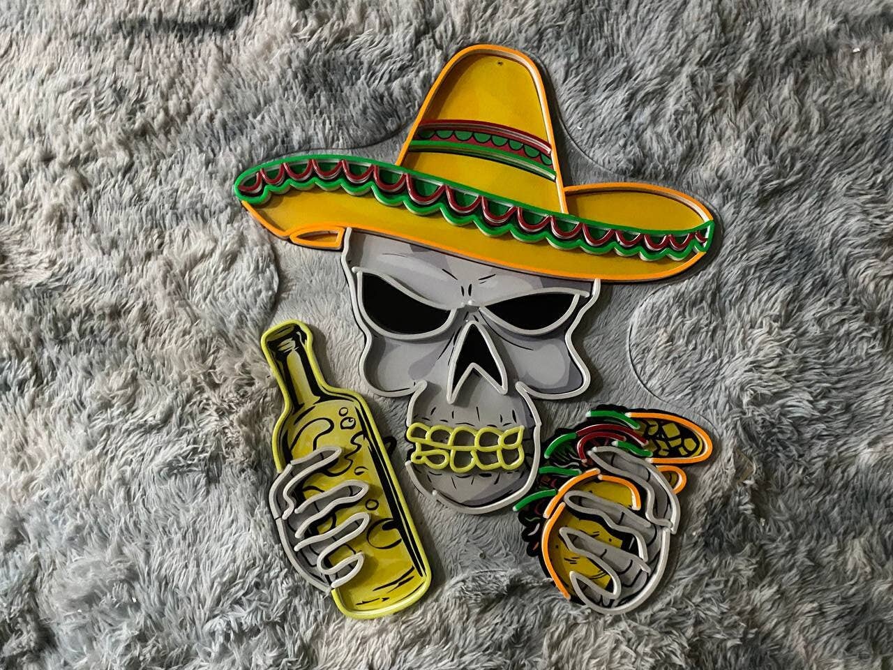 Skull and Tacos Neon Sign Tacos Restaurant Wall Art Decor