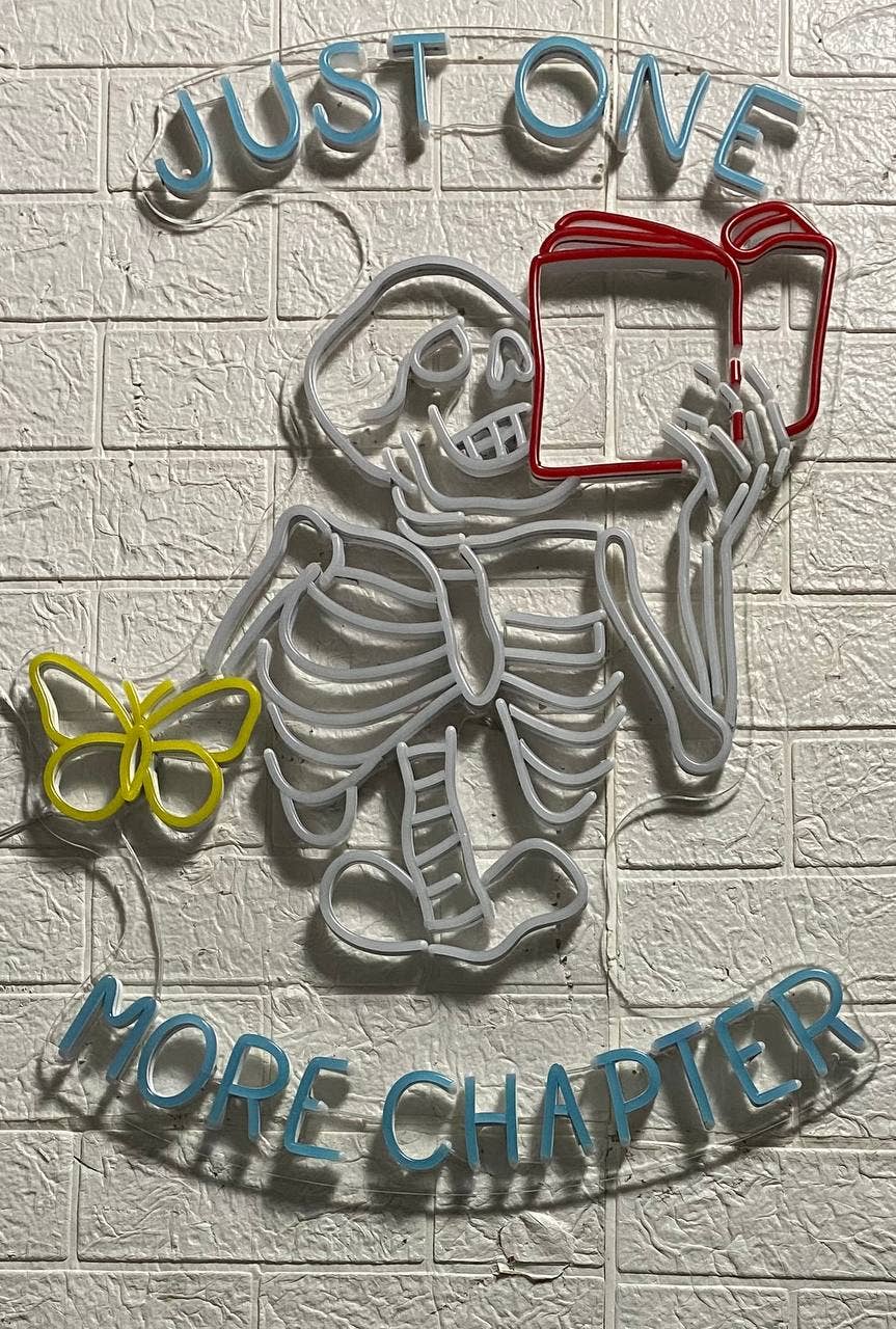 Skeleton Reading Book Led Just One More Chapter Neon Sign