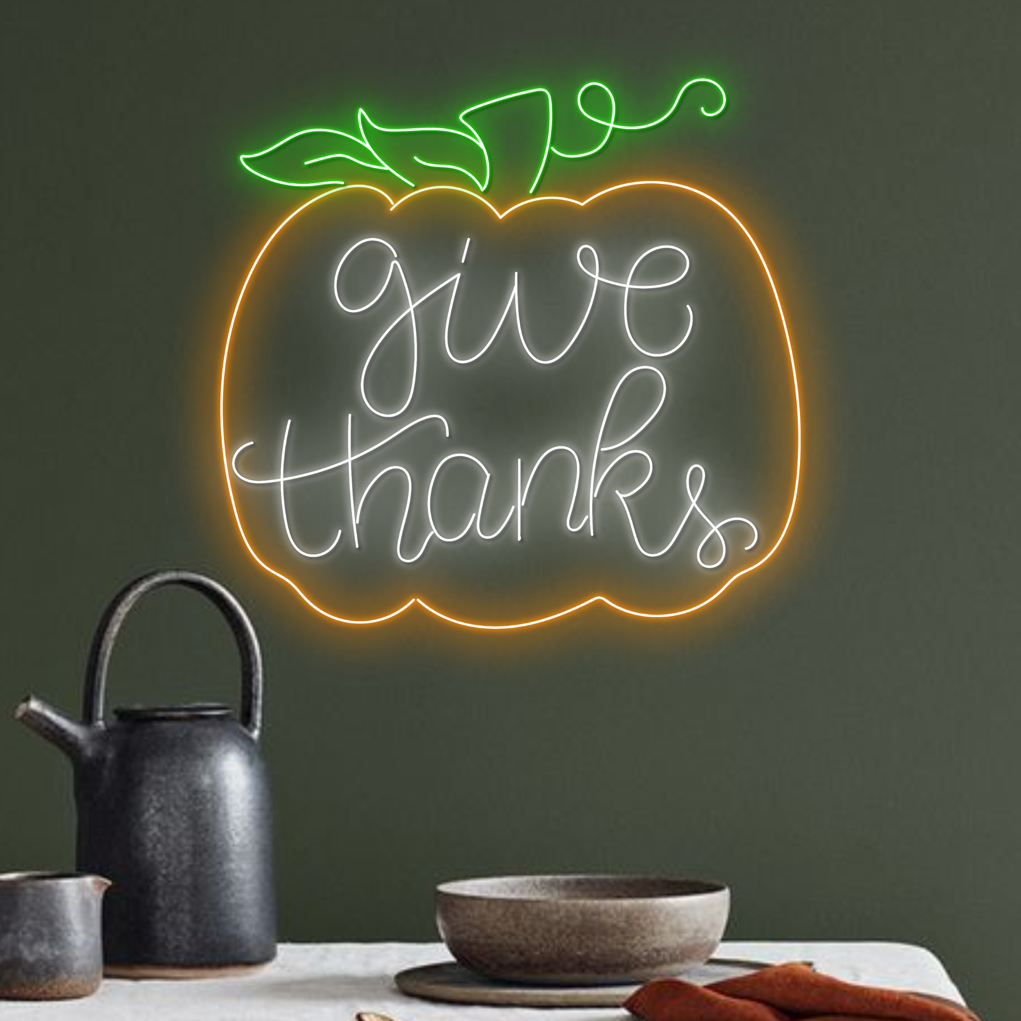 Give Thanks Pumpkin Neon Sign Thanksgiving Light Wall Decor