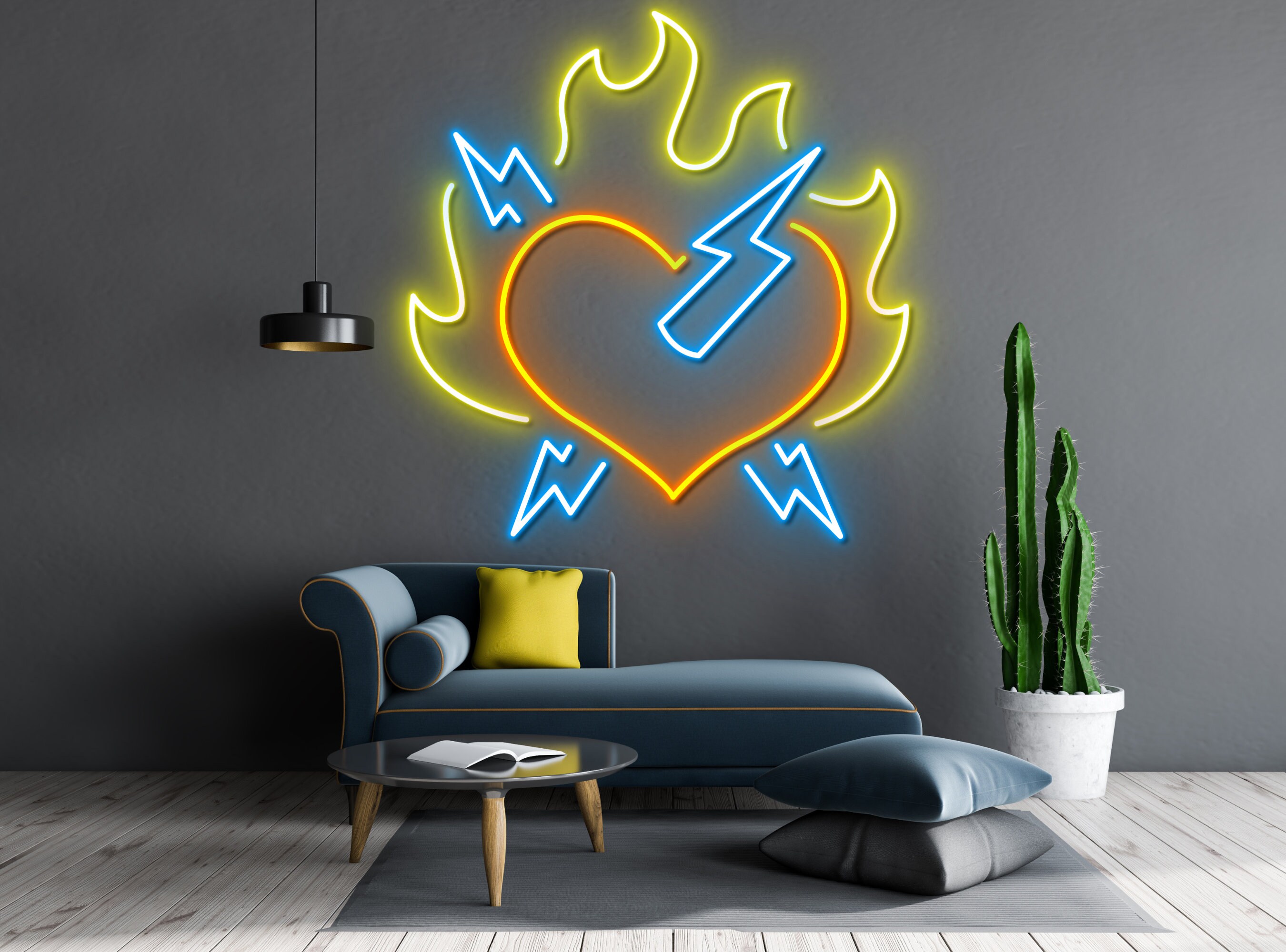Lightning Sign Fire Rock Heart With Fire and Lightning Neon Sign - Custom Personalised LED ...
