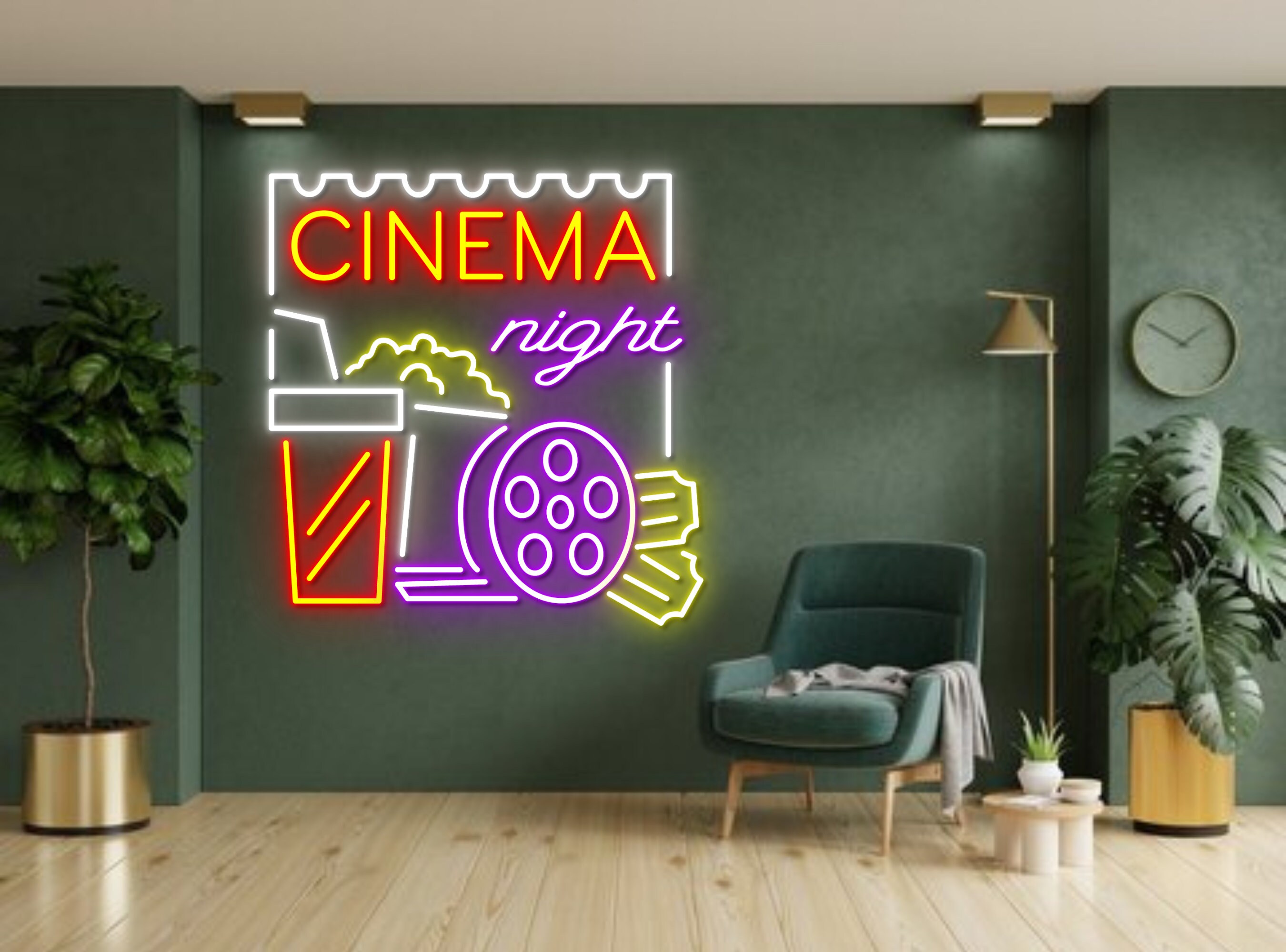 Cinema Night With Popcorn Paper Box Neon Sign Icons For Your Room