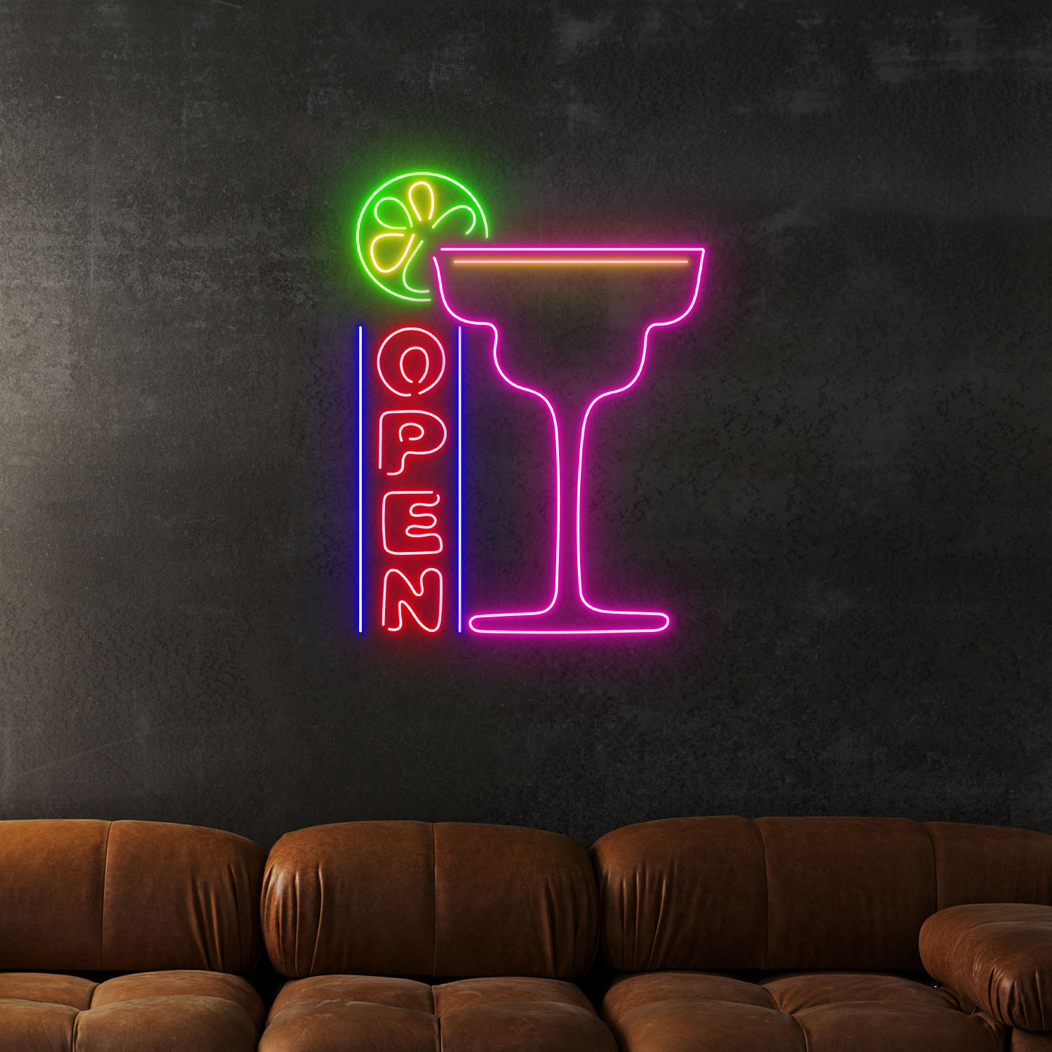 Bar Open Neon Sign Cocktails Line Art Wall Decor