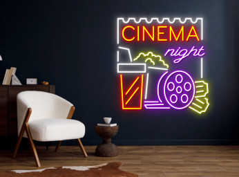 Cinema Night With Popcorn Paper Box Neon Sign Icons For Your Room