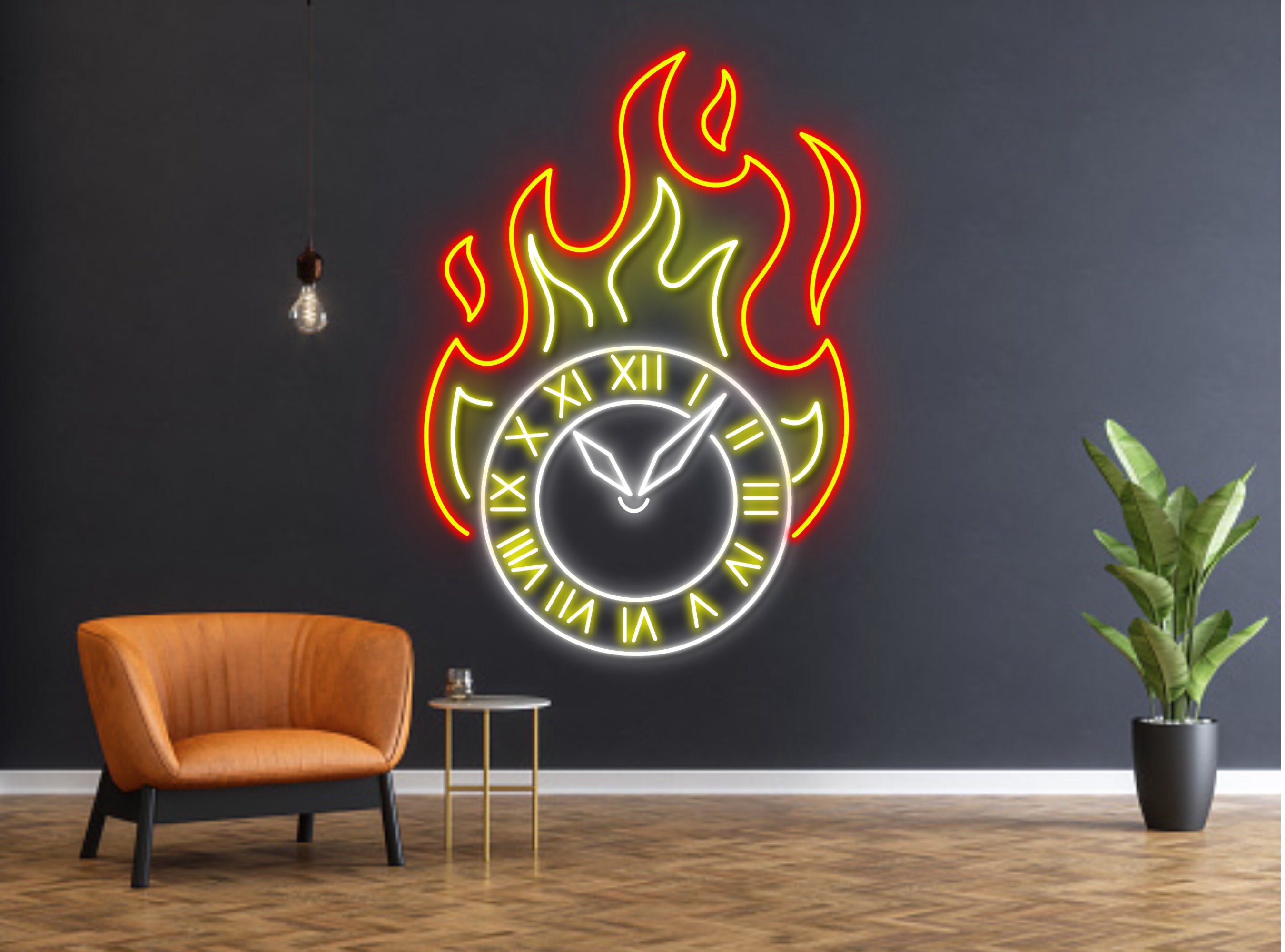 Burning Clock Neon Sign Clock Fire Art