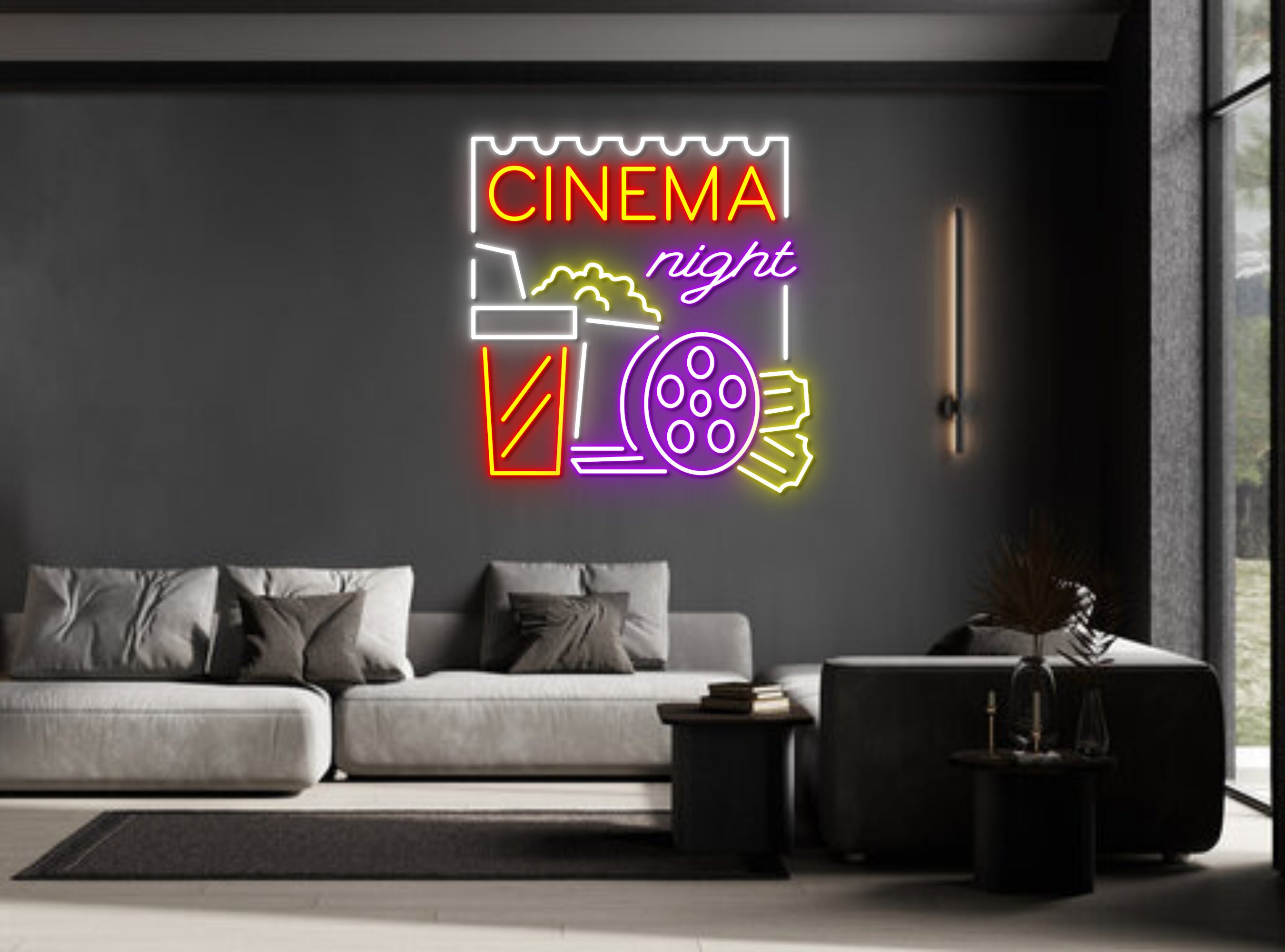 Cinema Night With Popcorn Paper Box Neon Sign Icons For Your Room