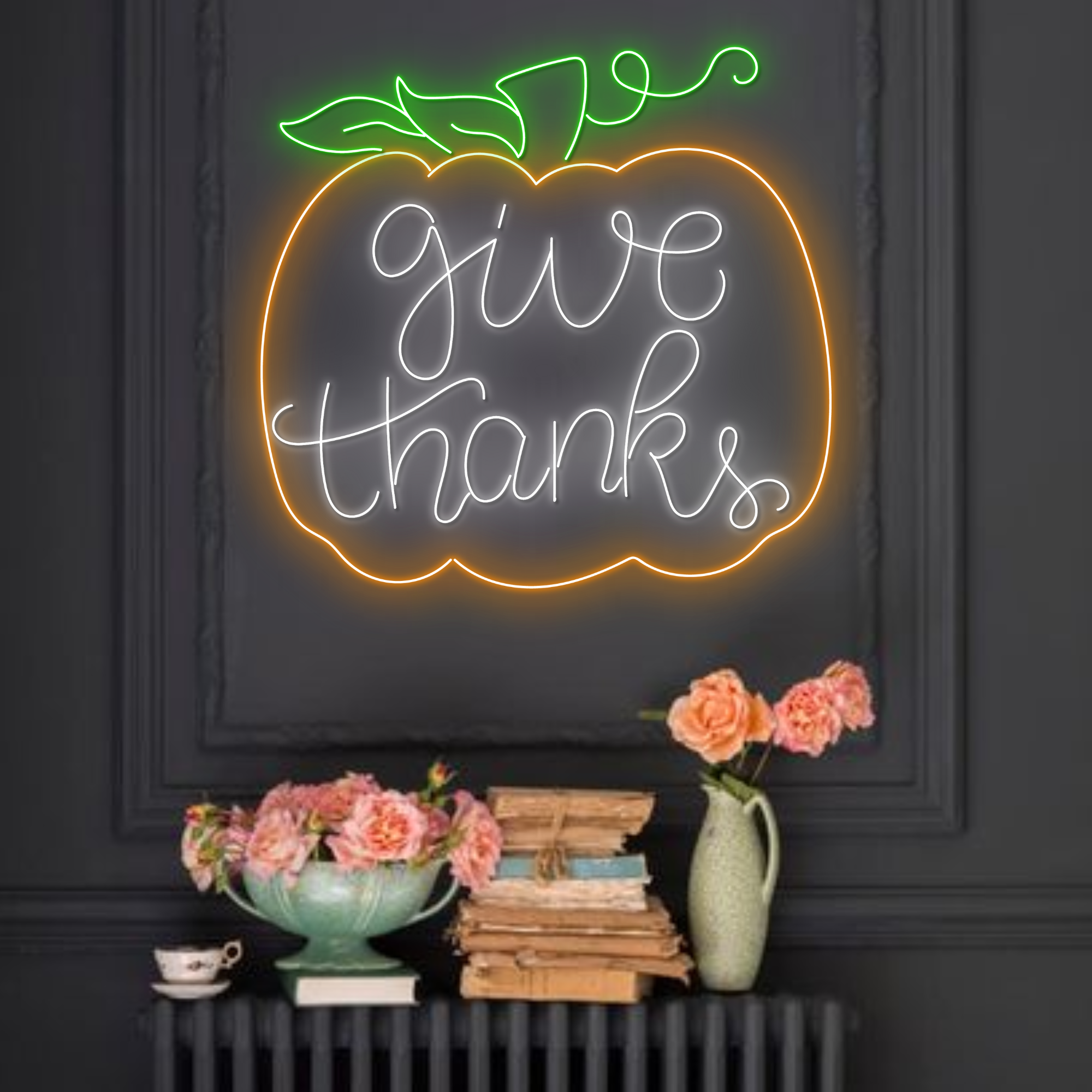 Give Thanks Pumpkin Neon Sign Thanksgiving Light Wall Decor