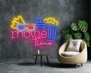 Movie Time With Popcorn Paper Box Neon Sign Hanging Sign Wall Art