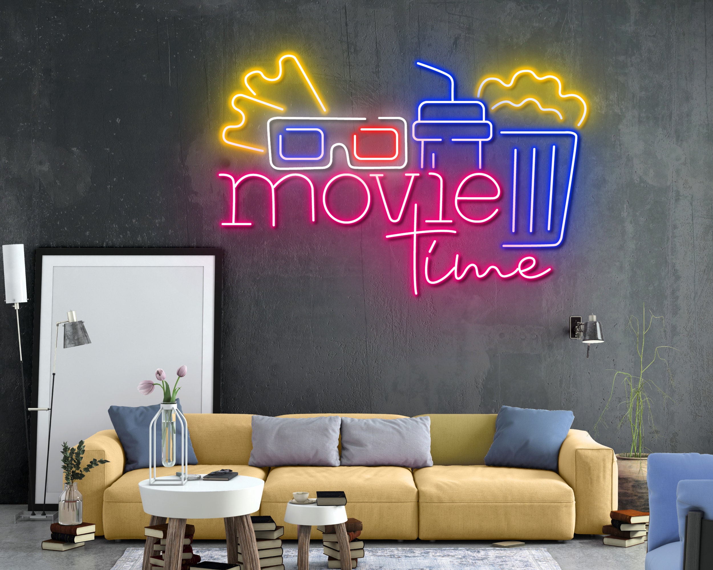 Movie Time With Popcorn Paper Box Neon Sign Hanging Sign Wall Art