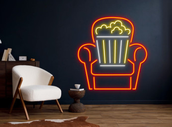 Cinema Theater Chair Night With Popcorn Paper Box Neon Sign