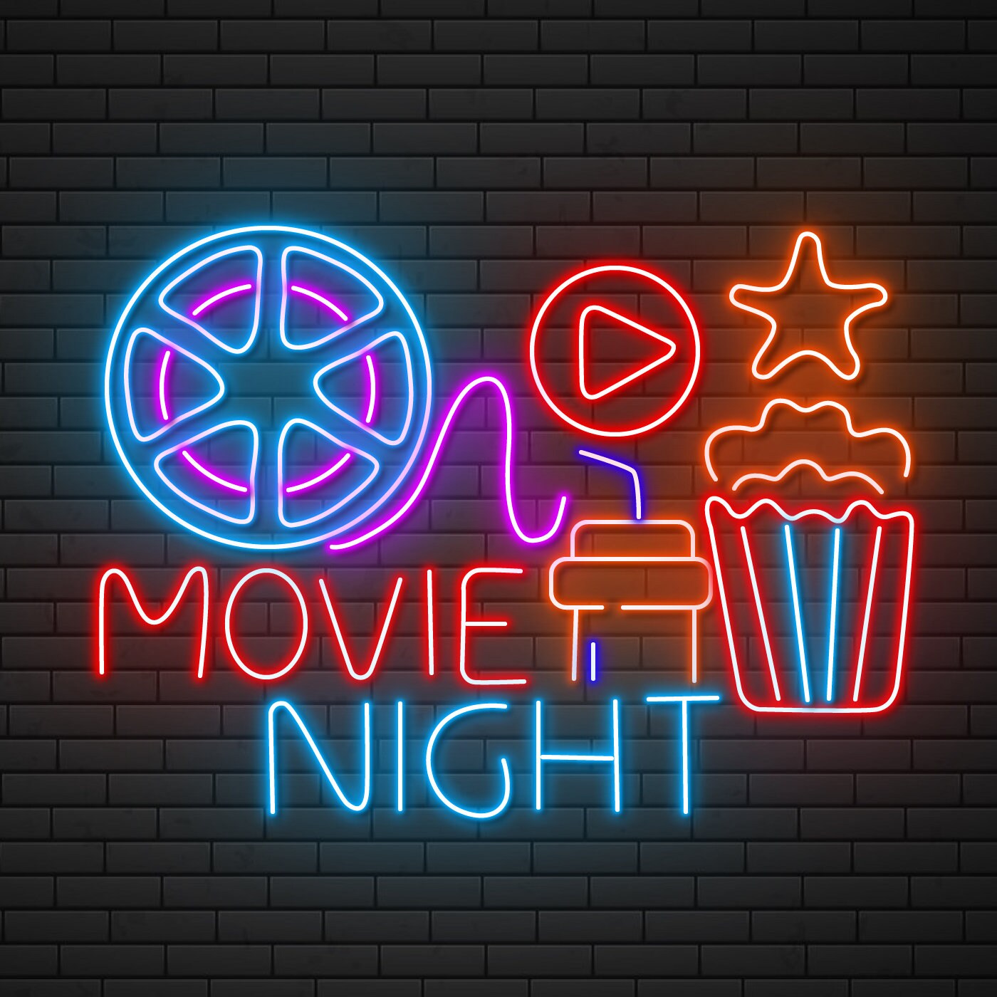 Movie Night With Popcorn Paper Box Neon Sign Wall Art Decor