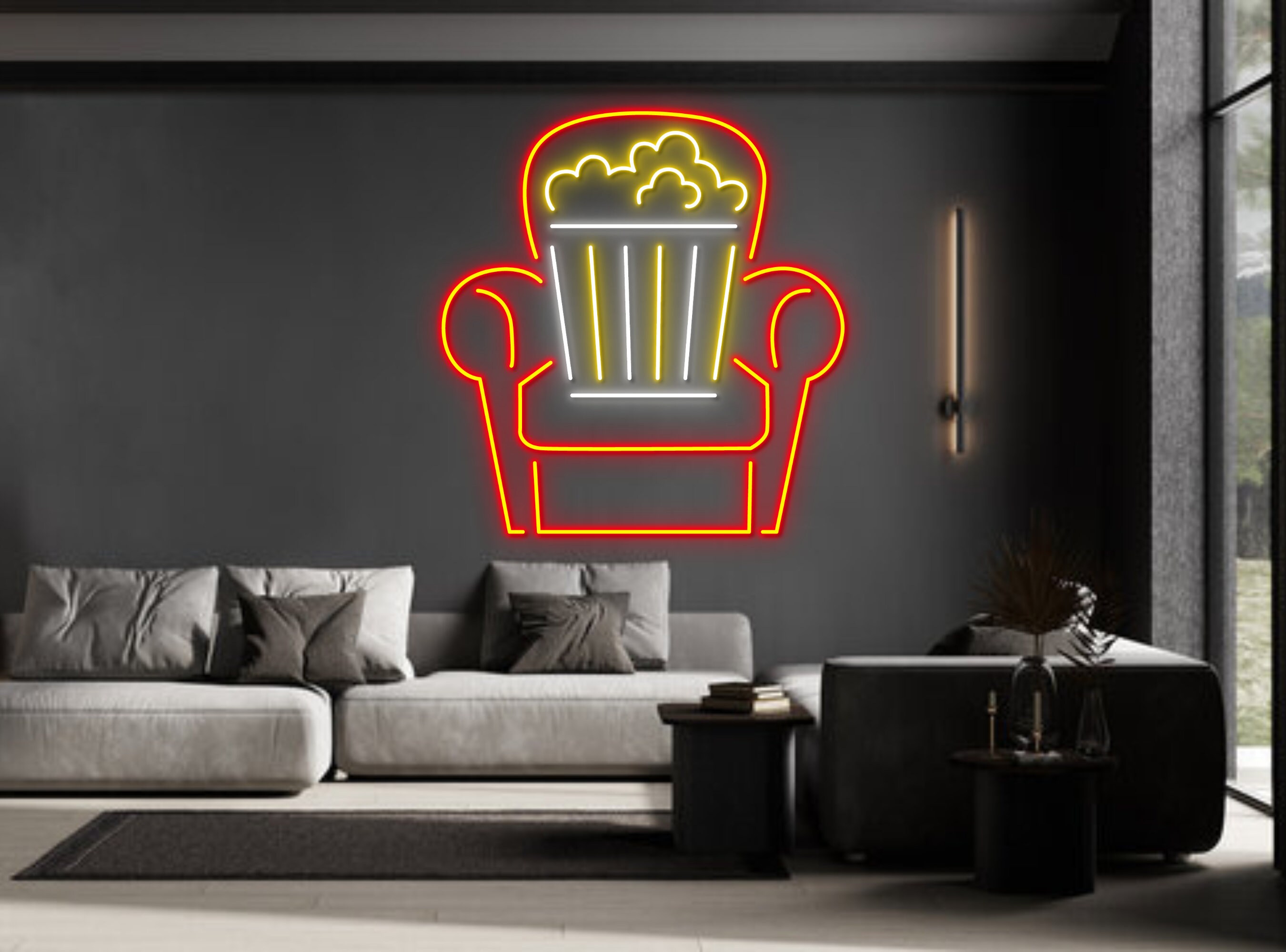 Cinema Theater Chair Night With Popcorn Paper Box Neon Sign