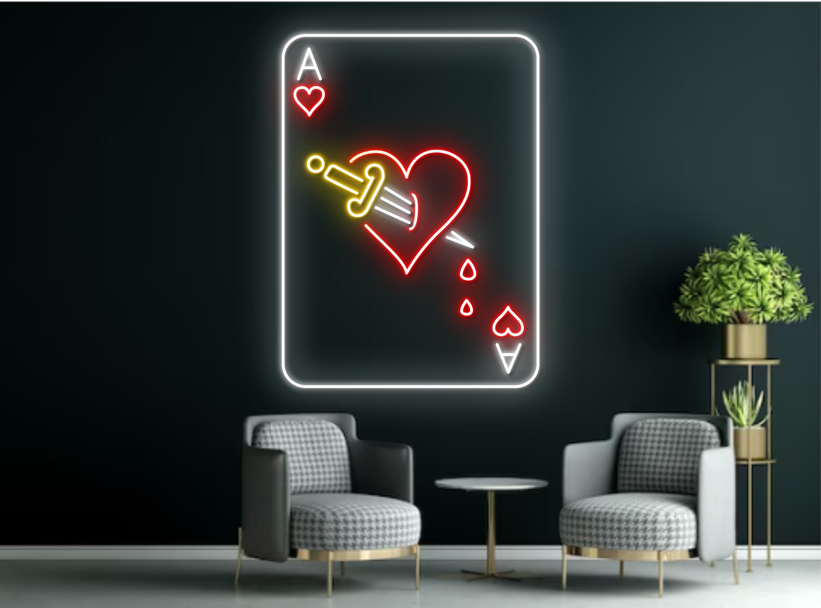 Ace Of Red Hearts Dagger Casino Cards Neon Sign