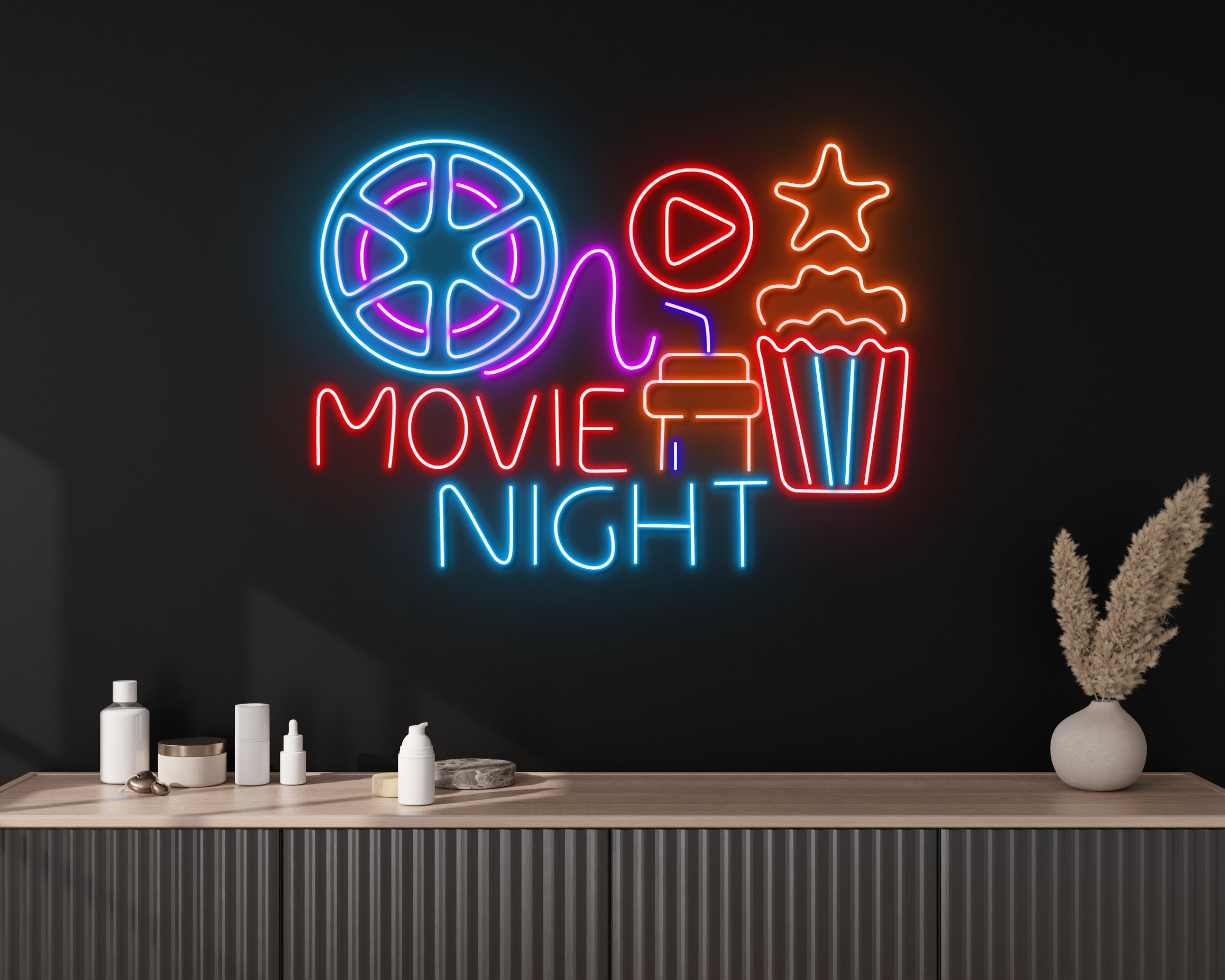 Movie Night With Popcorn Paper Box Neon Sign Wall Art Decor