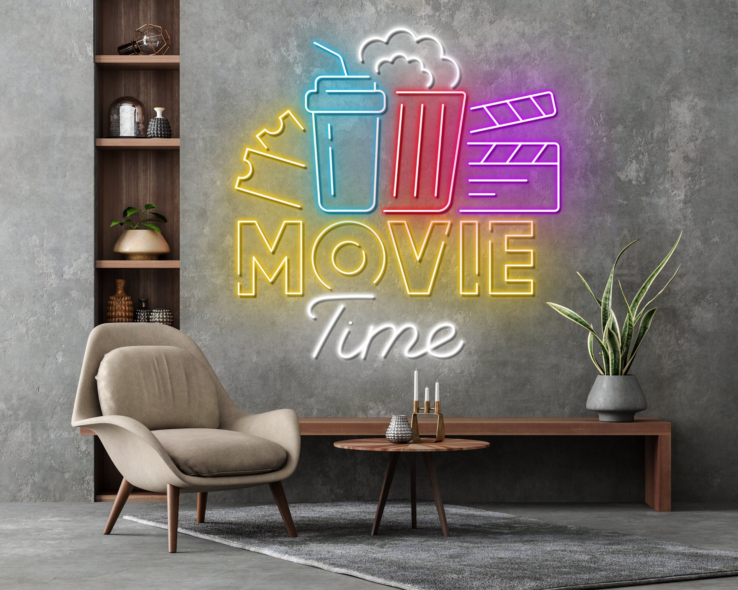 Movie Time With Popcorn Paper Box Neon Sign