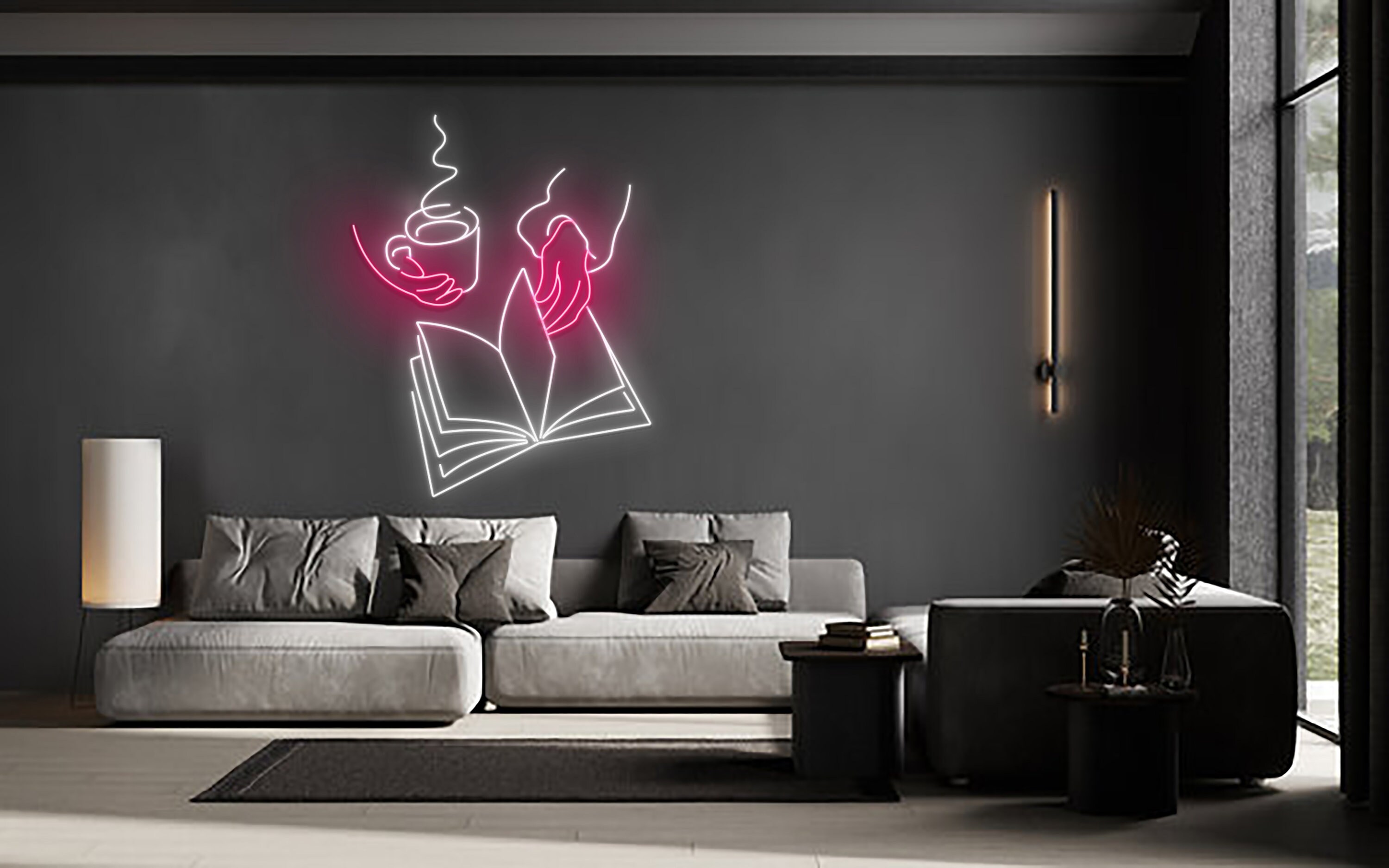 Man Reading Book And Coffee Neon Sign