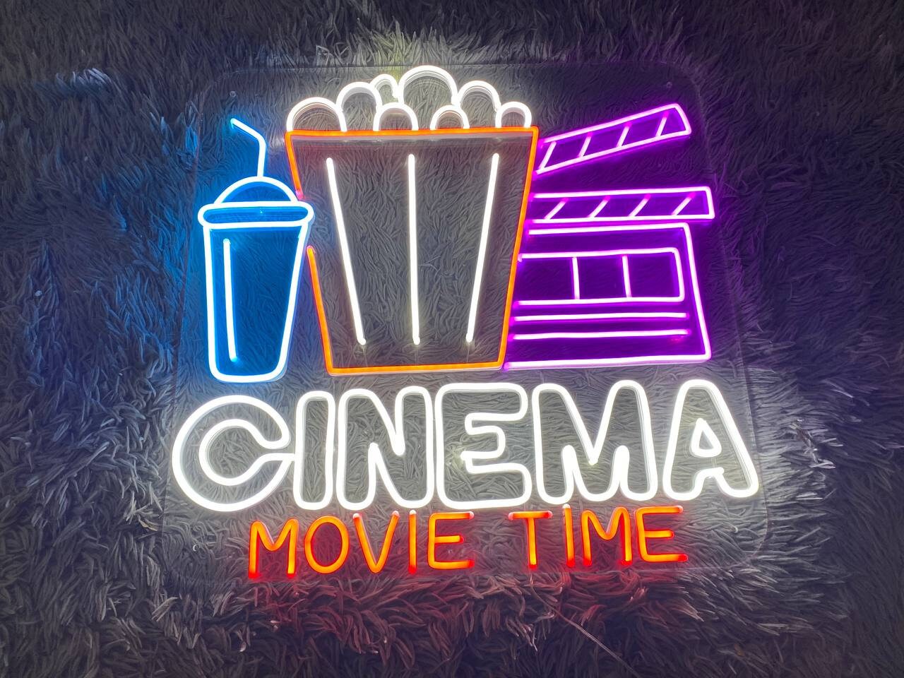 Cinema Movie Time With Popcorn Paper Box Drinks Neon Sign Icons For Your Room