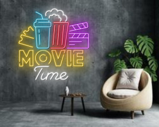 Movie Time With Popcorn Paper Box Neon Sign