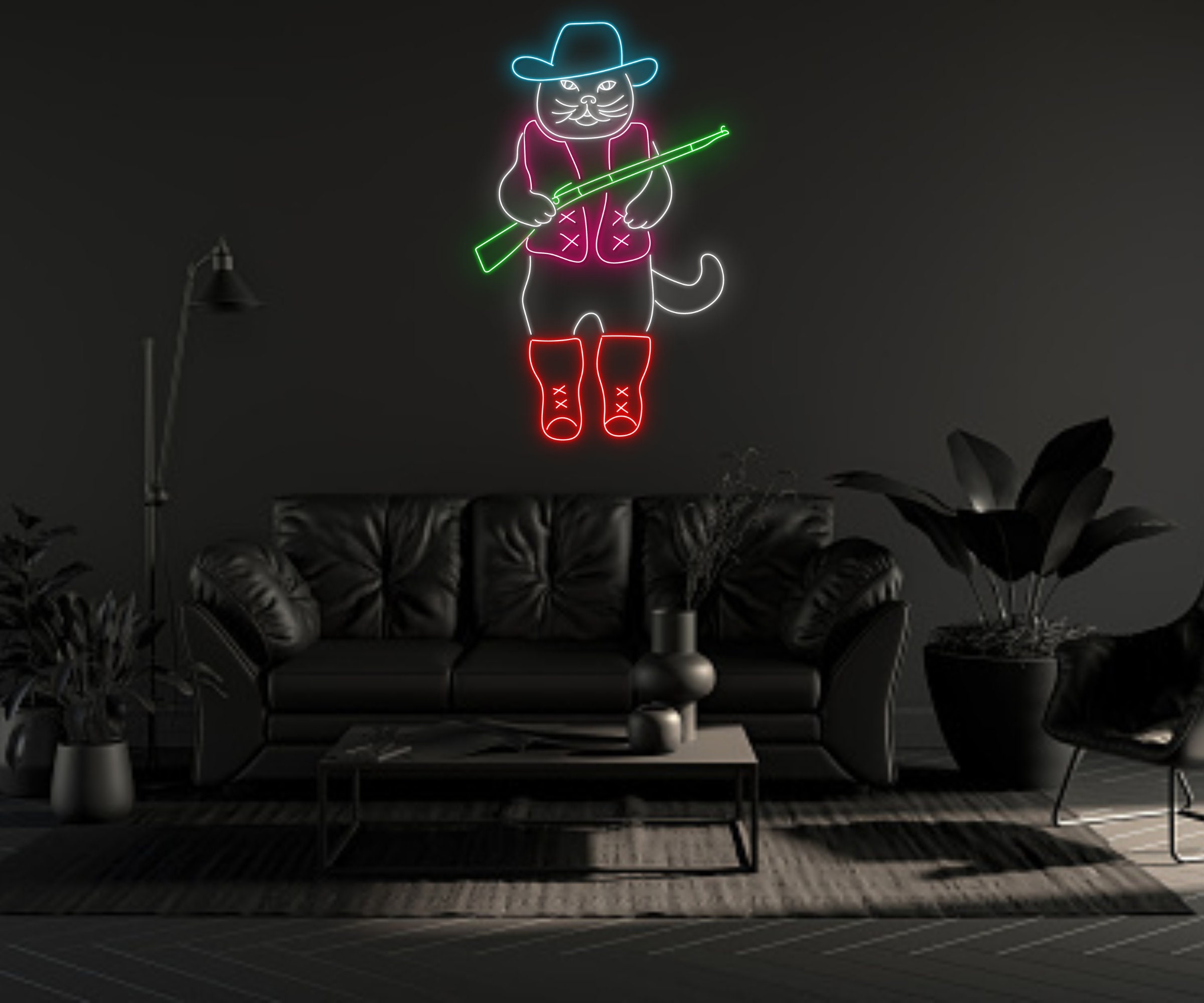 Cool Hunting Cat Cowboy Hat With Gun Neon Sign