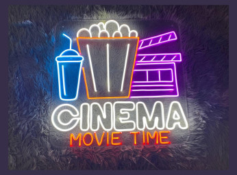 Cinema Movie Time With Popcorn Paper Box Drinks Neon Sign Icons For Your Room