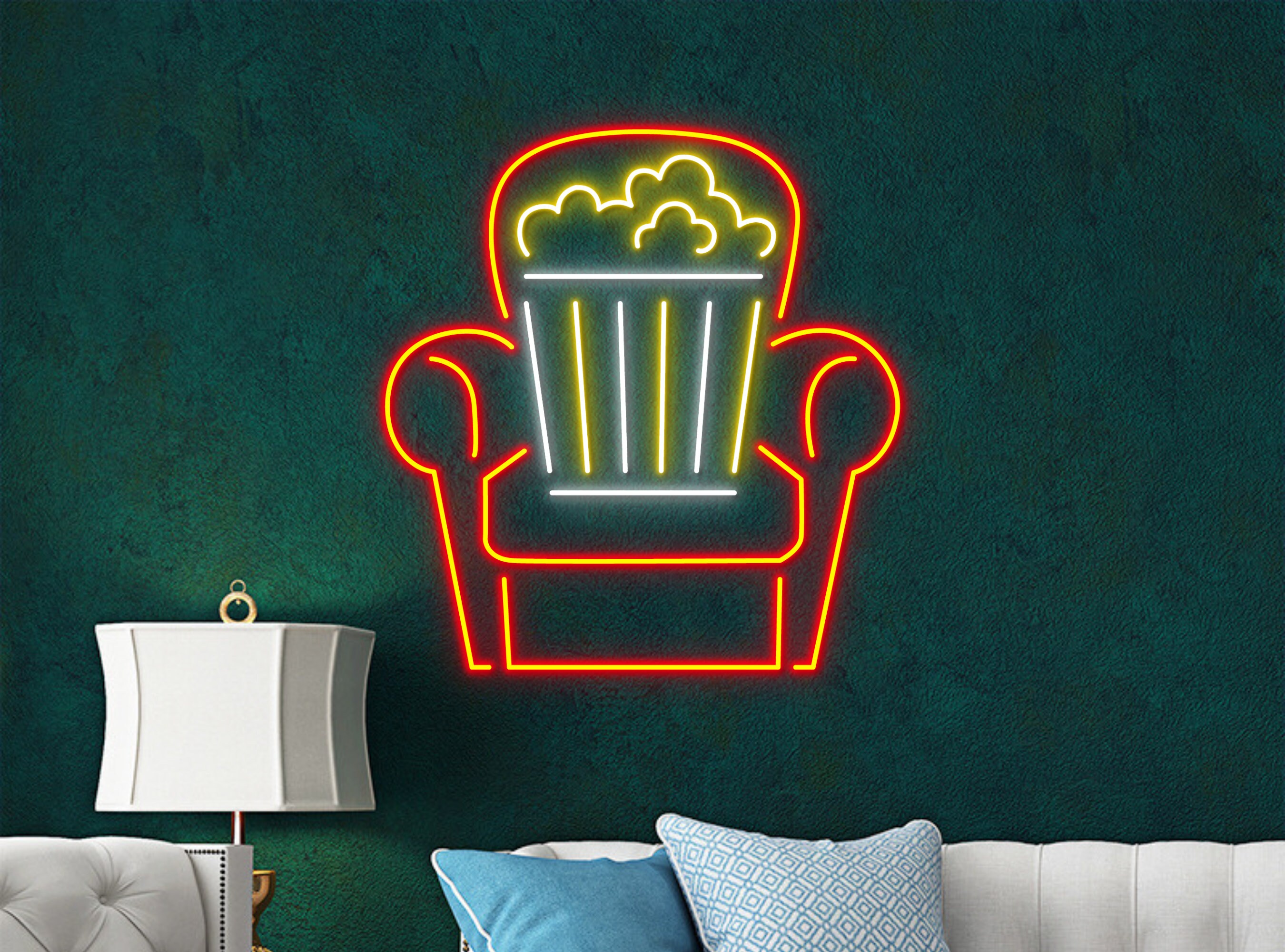 Cinema Theater Chair Night With Popcorn Paper Box Neon Sign