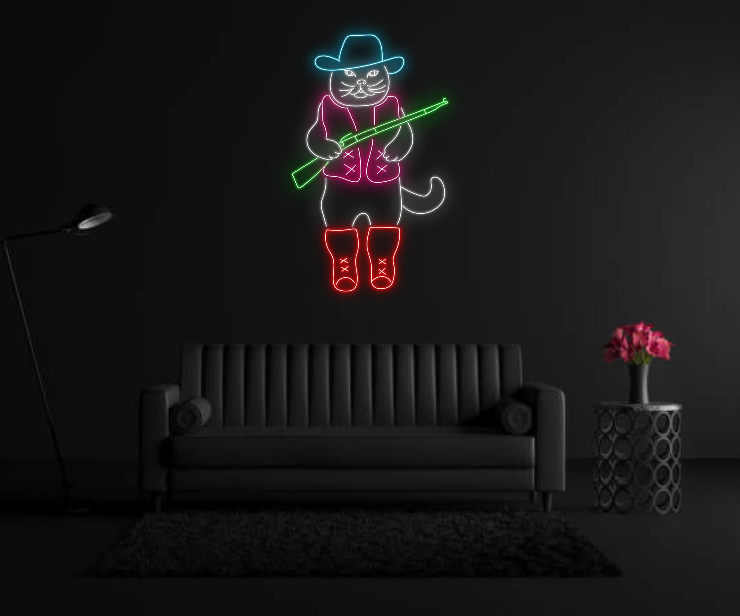 Cool Hunting Cat Cowboy Hat With Gun Neon Sign
