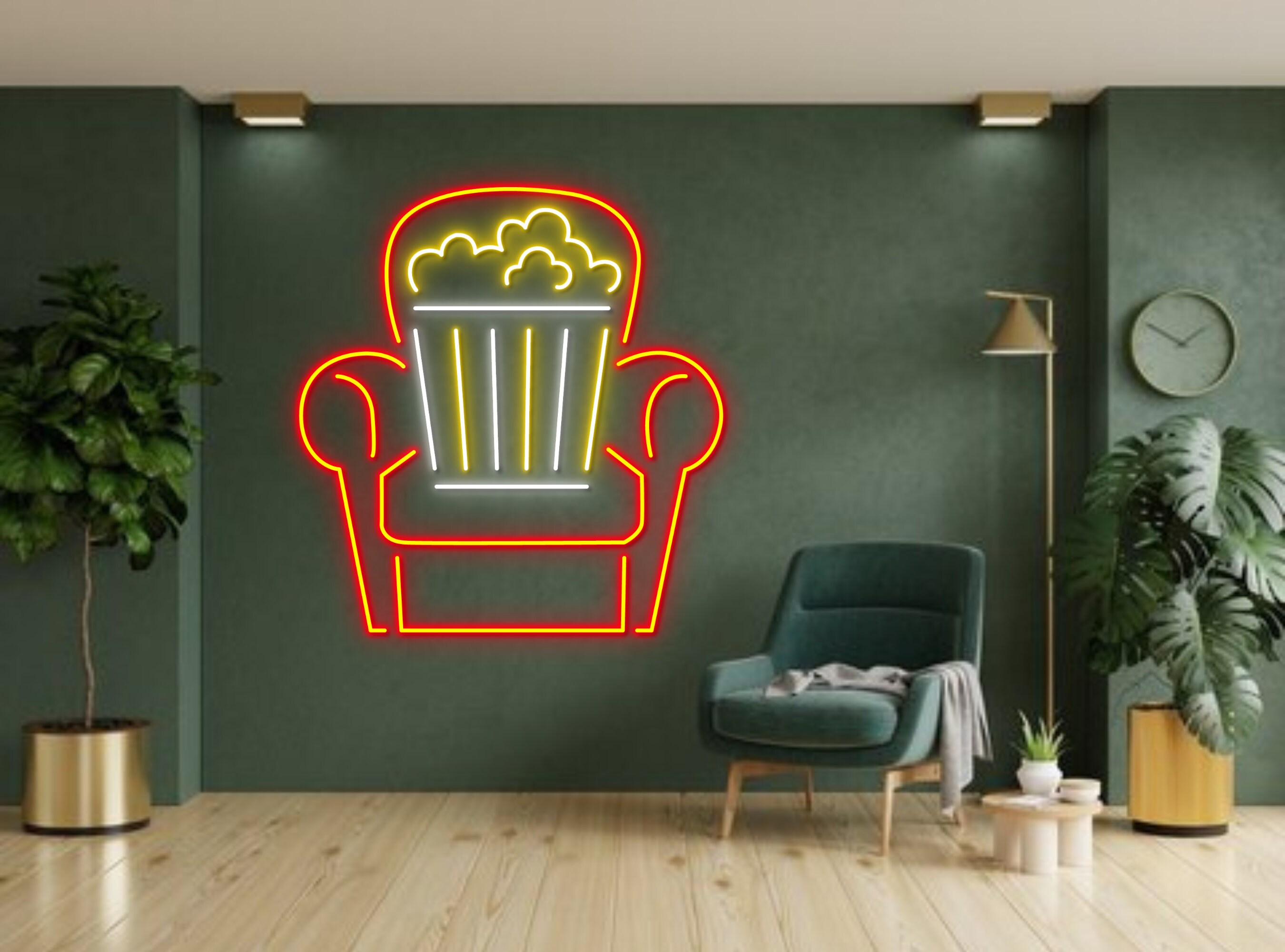 Cinema Theater Chair Night With Popcorn Paper Box Neon Sign