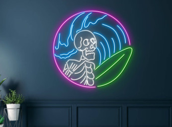 Skull Surfing Wave Neon Sign Halloween Wall Art Decor