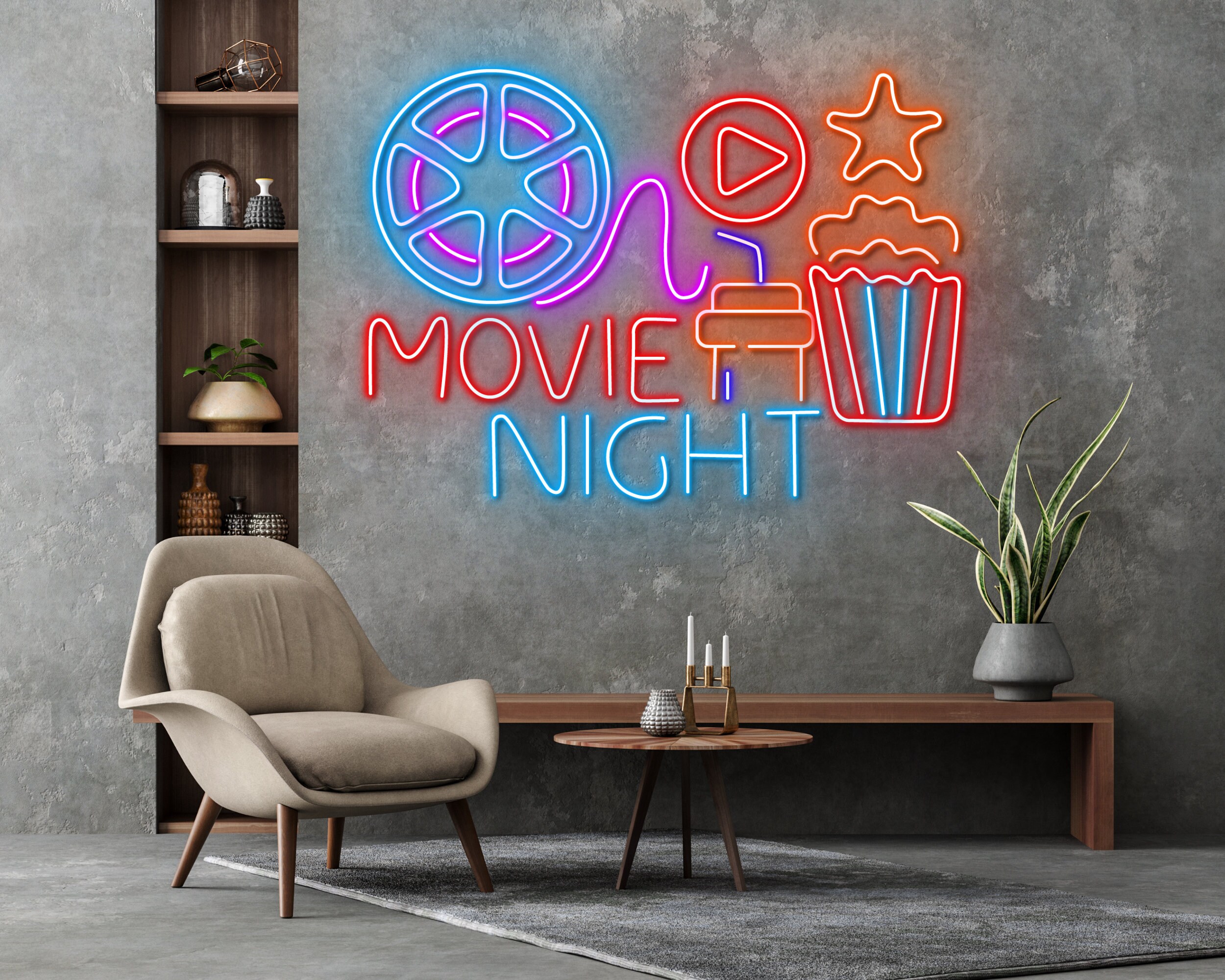 Movie Night With Popcorn Paper Box Neon Sign Wall Art Decor