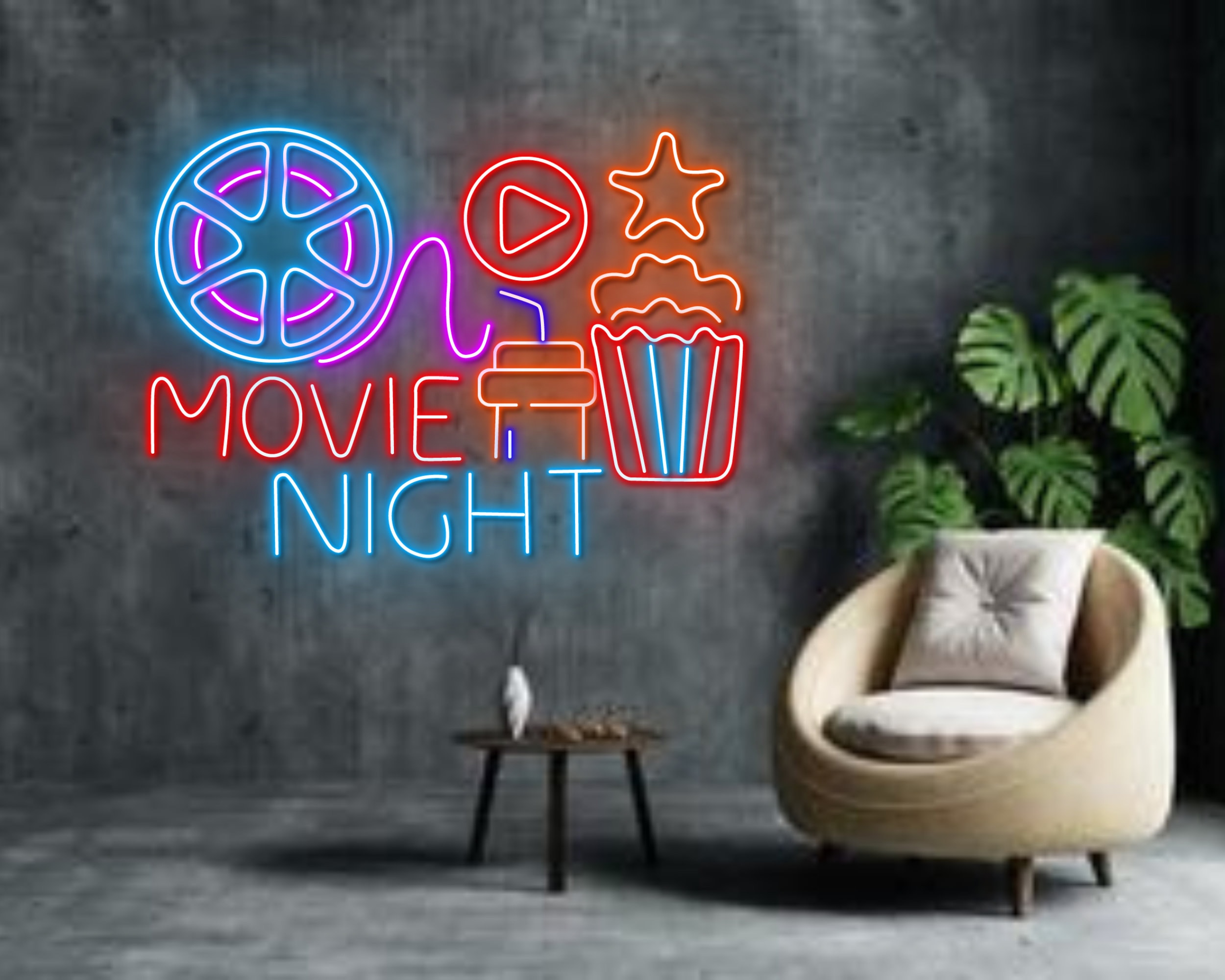 Movie Night With Popcorn Paper Box Neon Sign Wall Art Decor