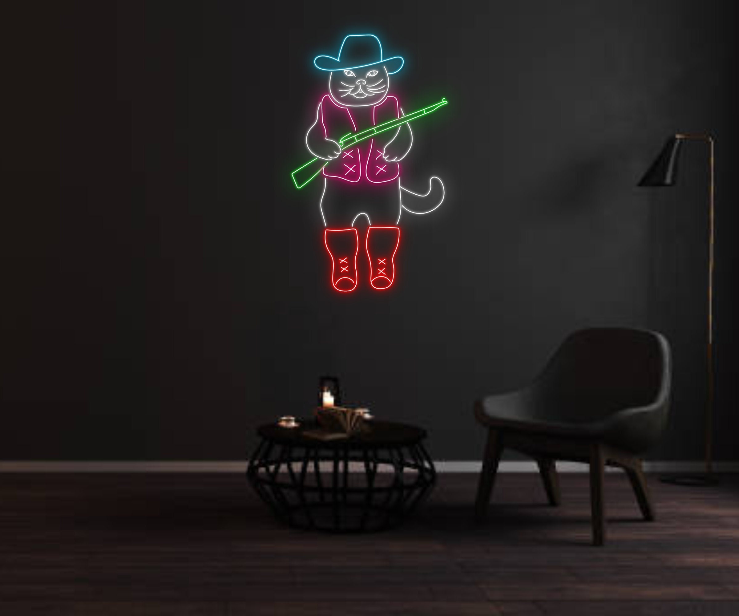 Cool Hunting Cat Cowboy Hat With Gun Neon Sign