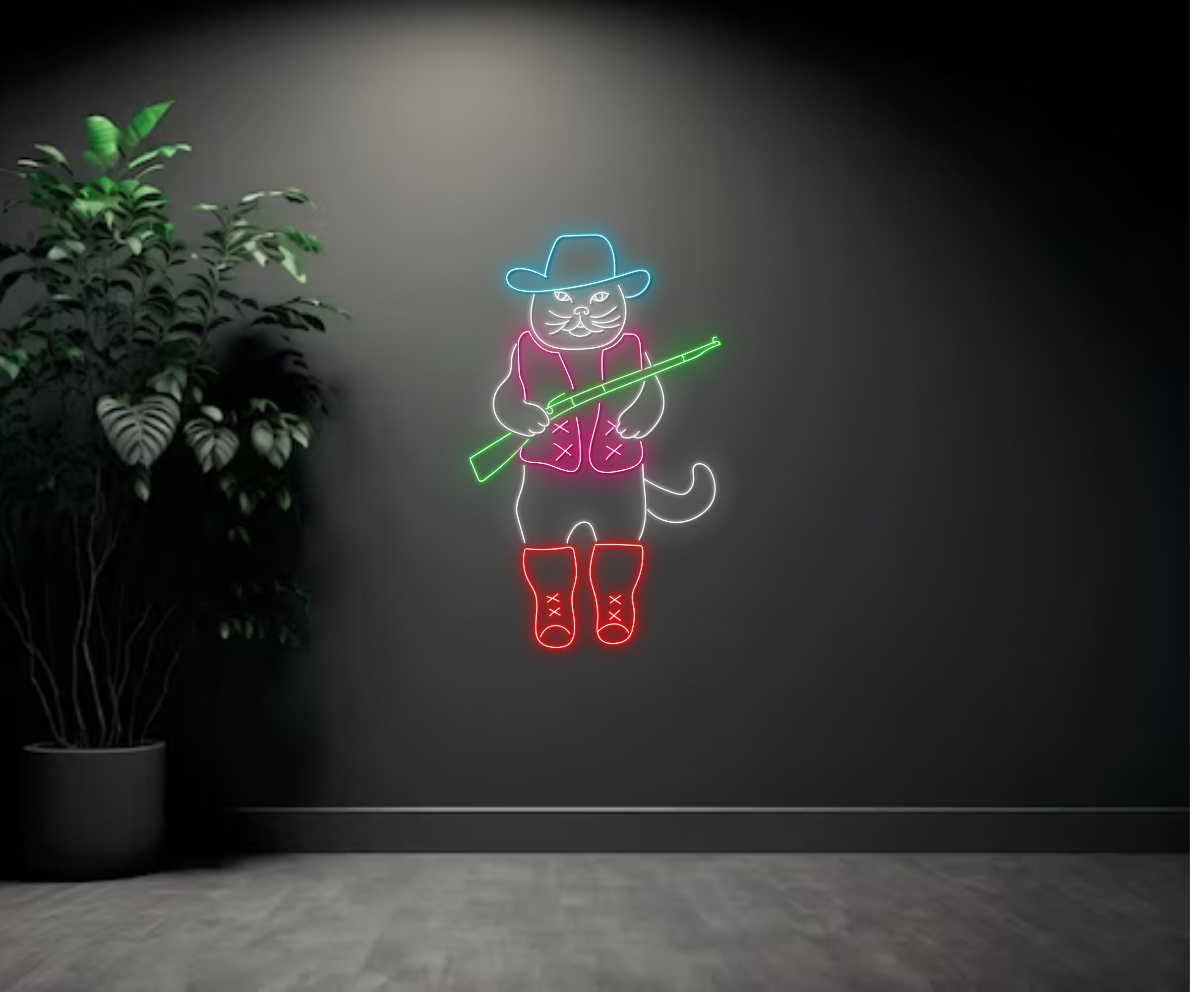 Cool Hunting Cat Cowboy Hat With Gun Neon Sign