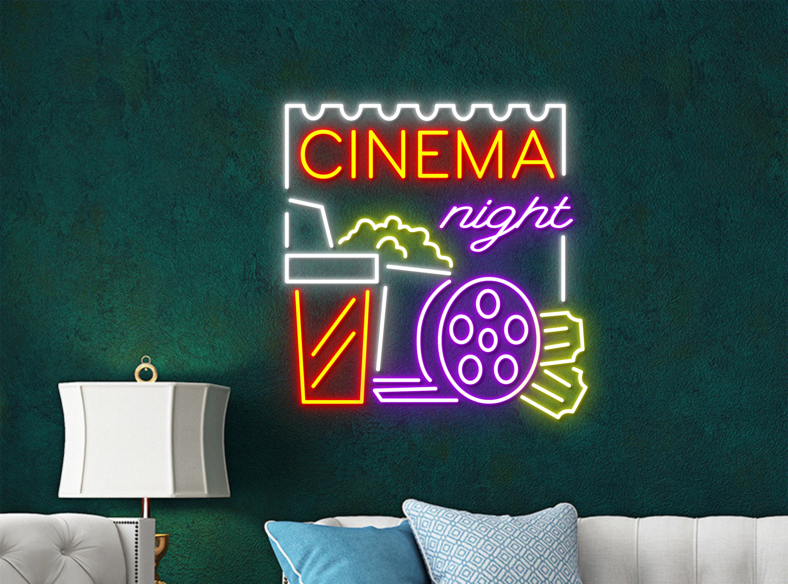 Cinema Night With Popcorn Paper Box Neon Sign Icons For Your Room