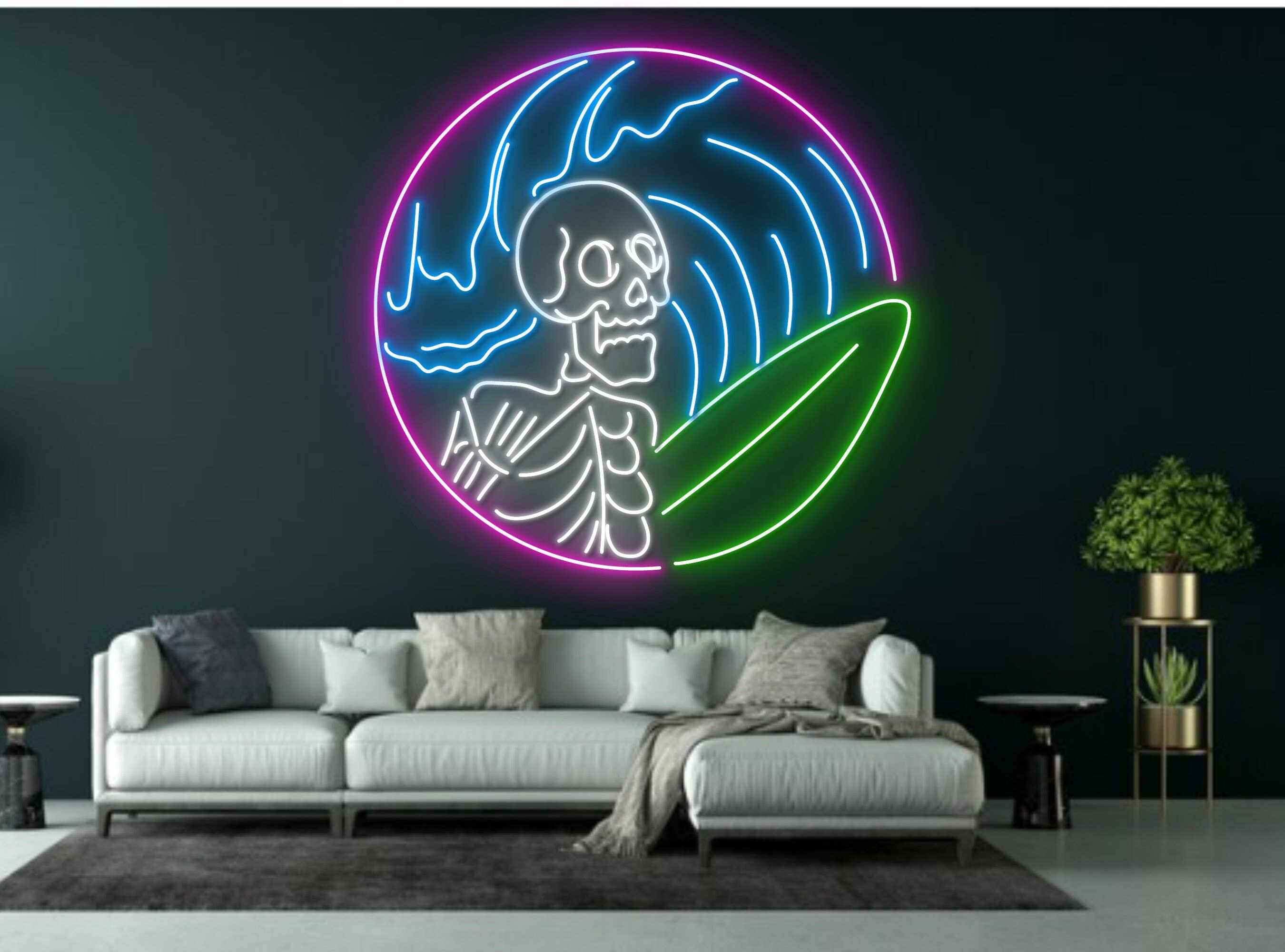 Skull Surfing Wave Neon Sign Halloween Wall Art Decor