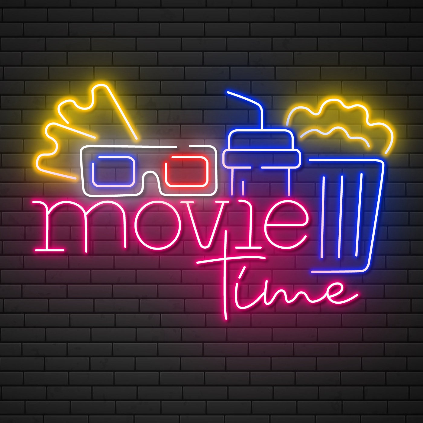 Movie Time With Popcorn Paper Box Neon Sign Hanging Sign Wall Art