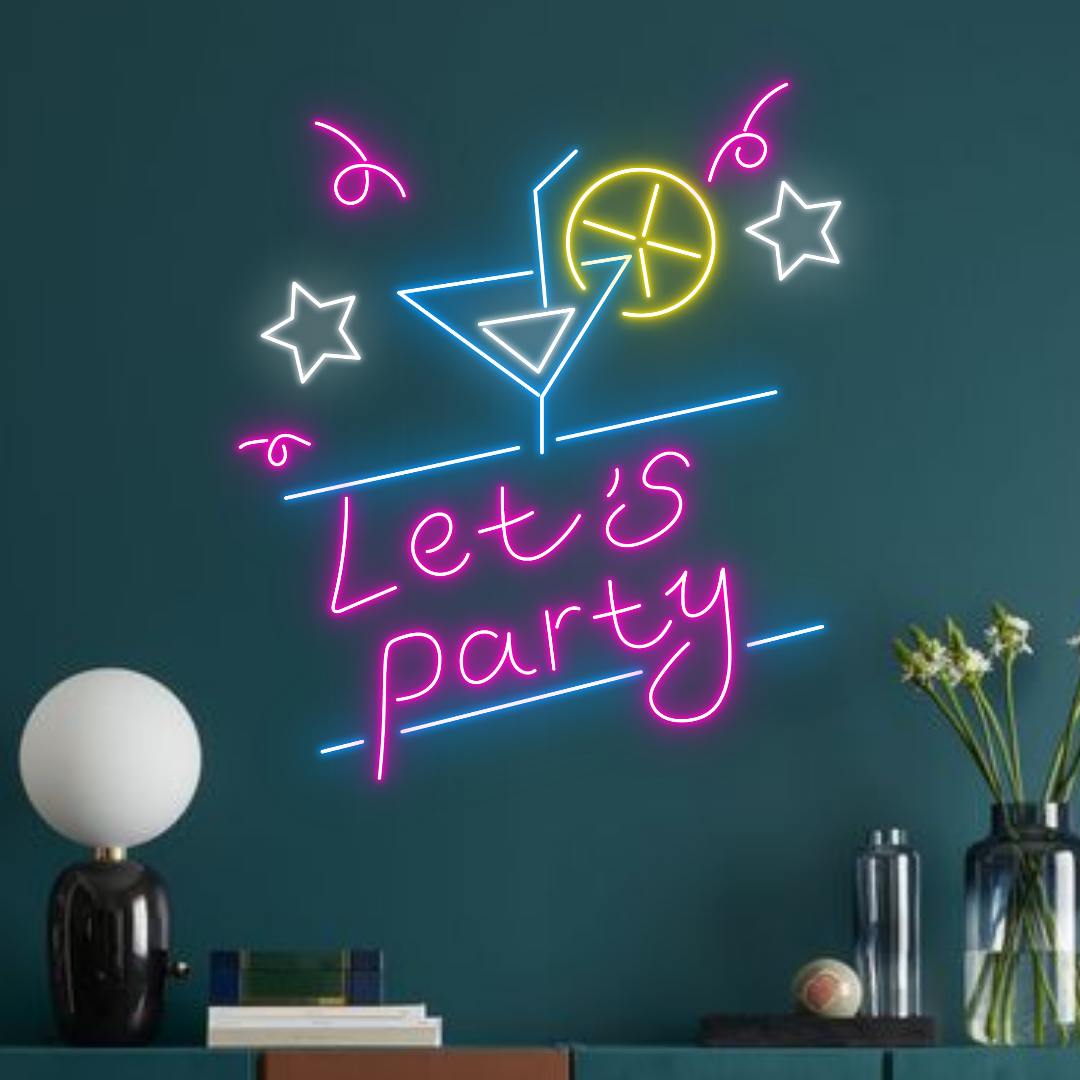 Let's Party Cocktail Neon Sign Bar Pub Pool Party Decor