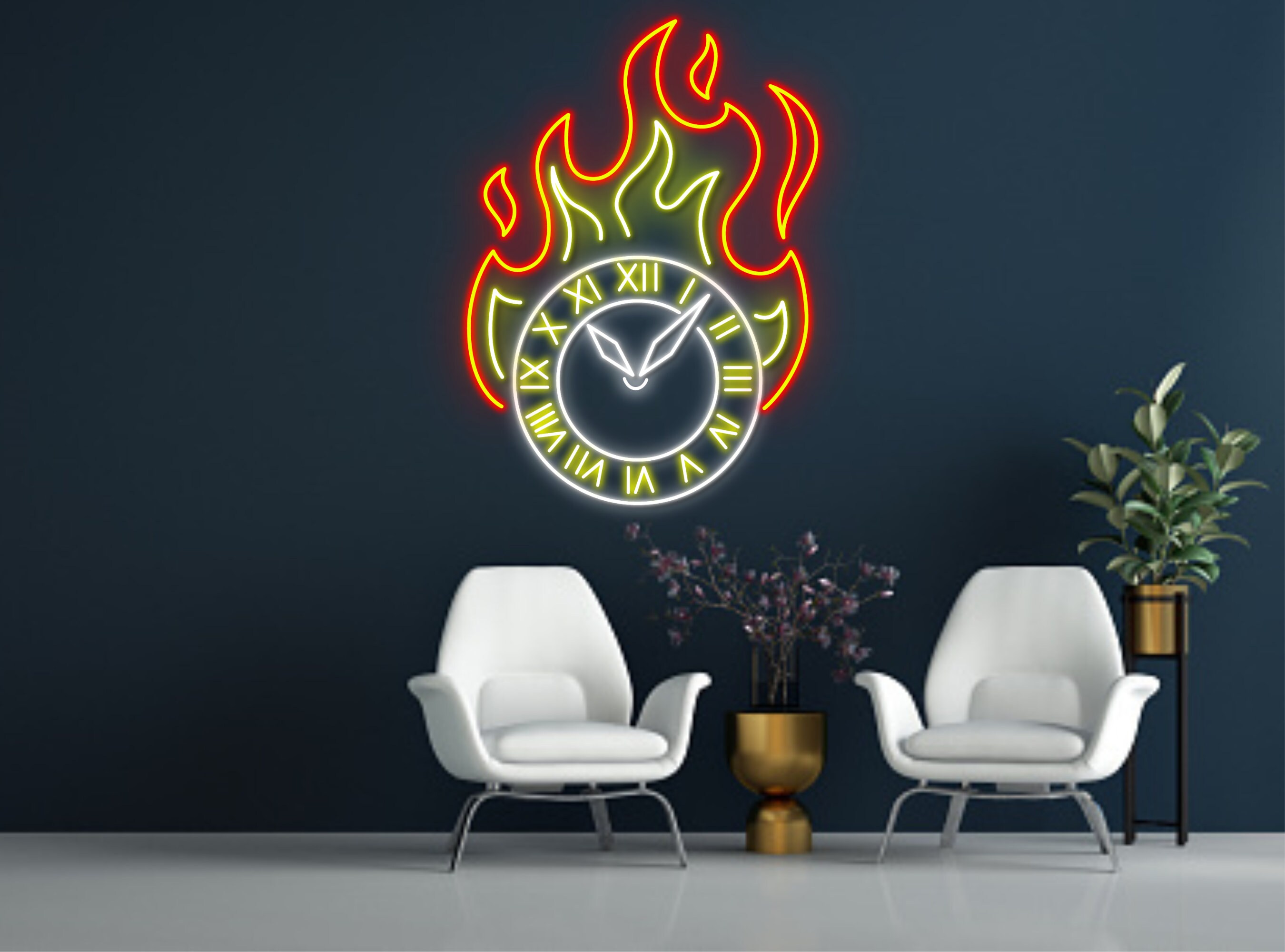 Burning Clock Neon Sign Clock Fire Art