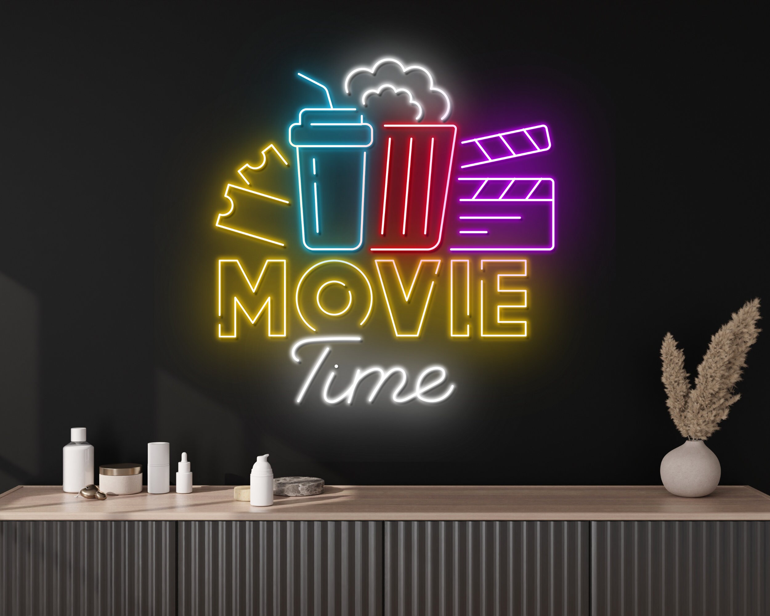 Movie Time With Popcorn Paper Box Neon Sign