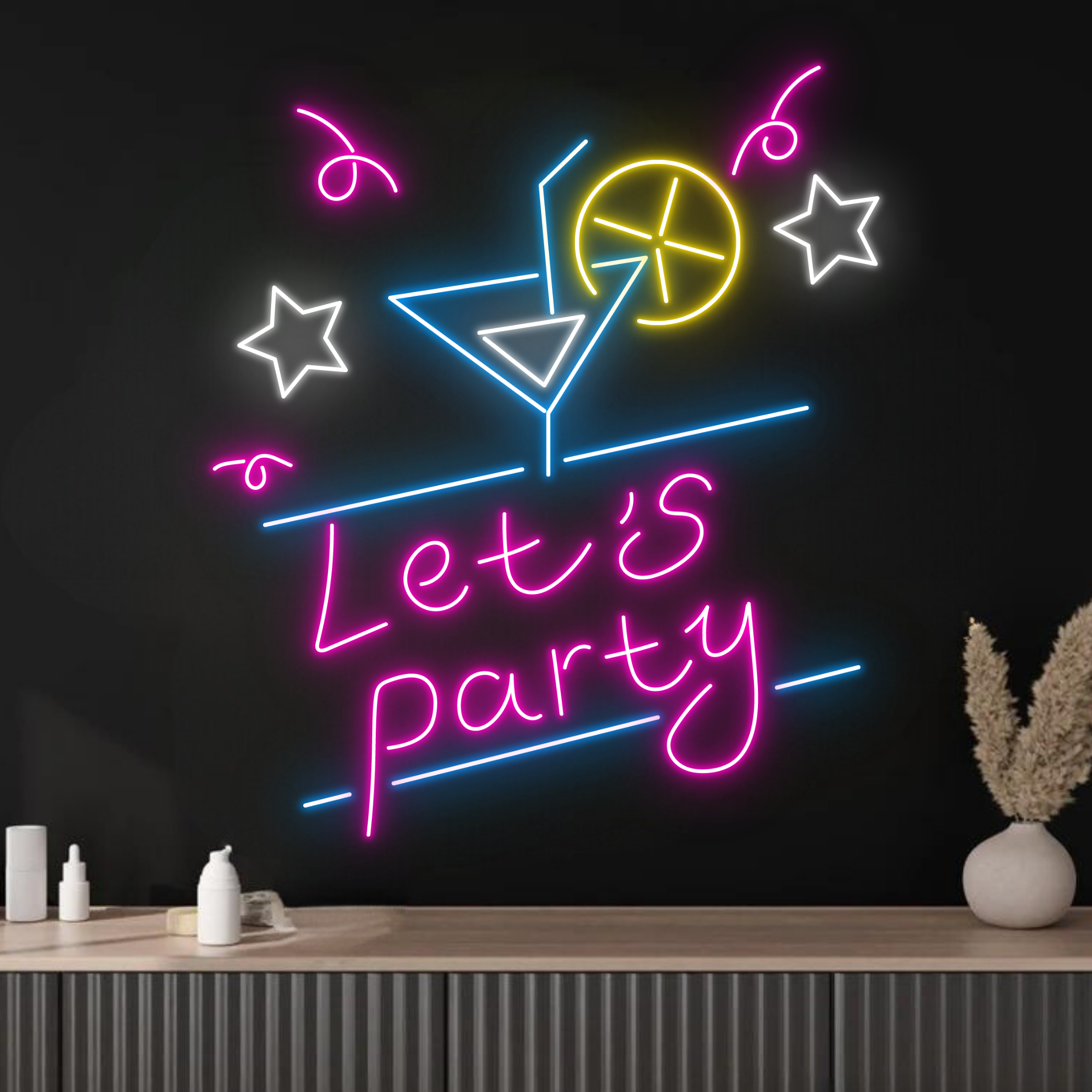 Let's Party Cocktail Neon Sign Bar Pub Pool Party Decor