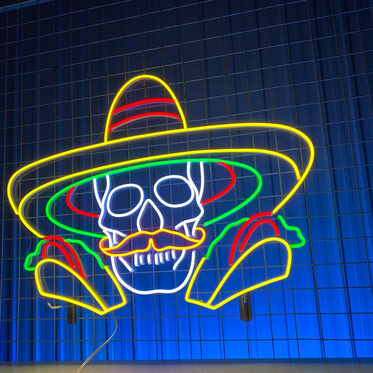 Skull and Tacos Neon Sign Tacos Restaurant Wall Signboard