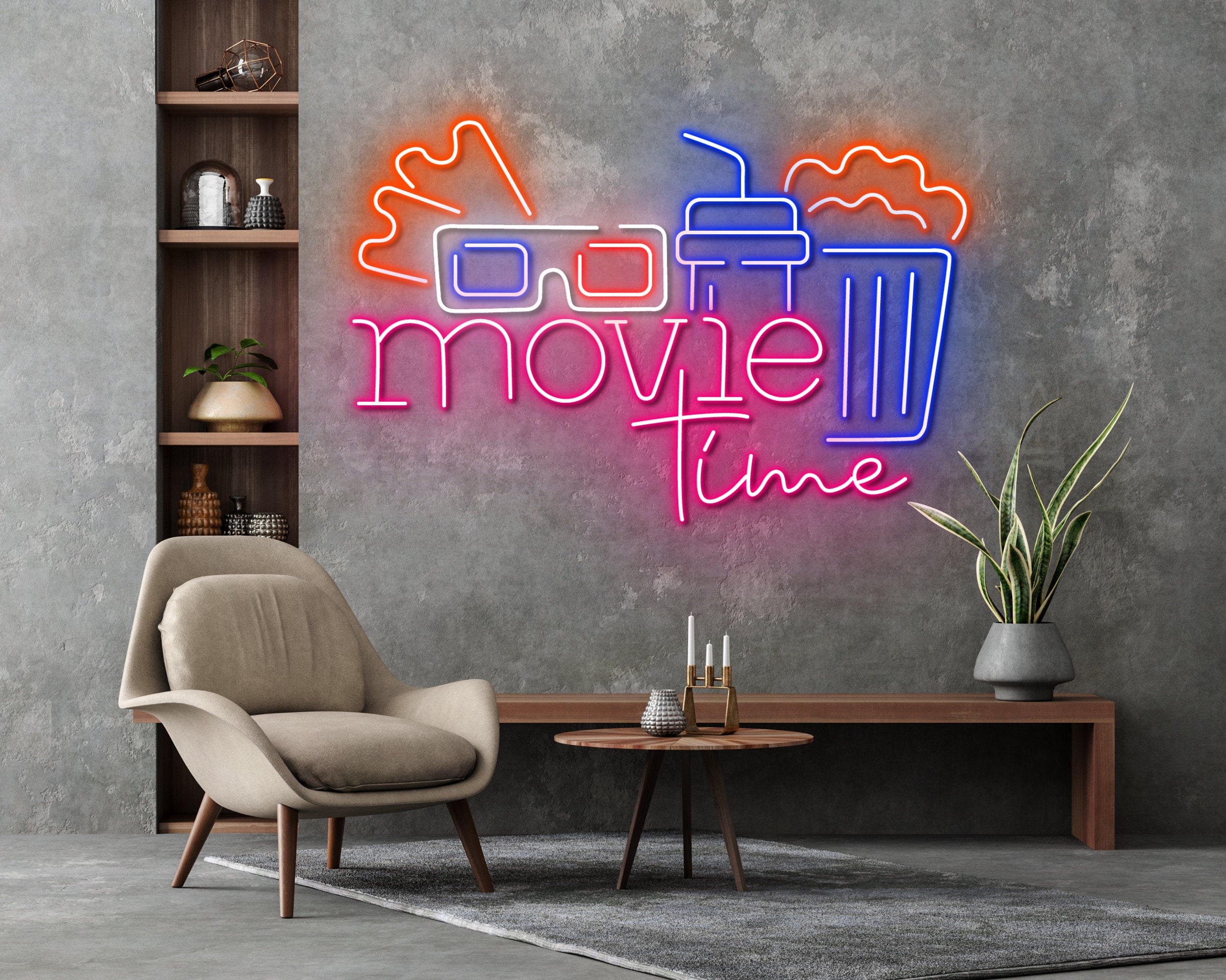 Movie Time With Popcorn Paper Box Neon Sign Hanging Sign Wall Art